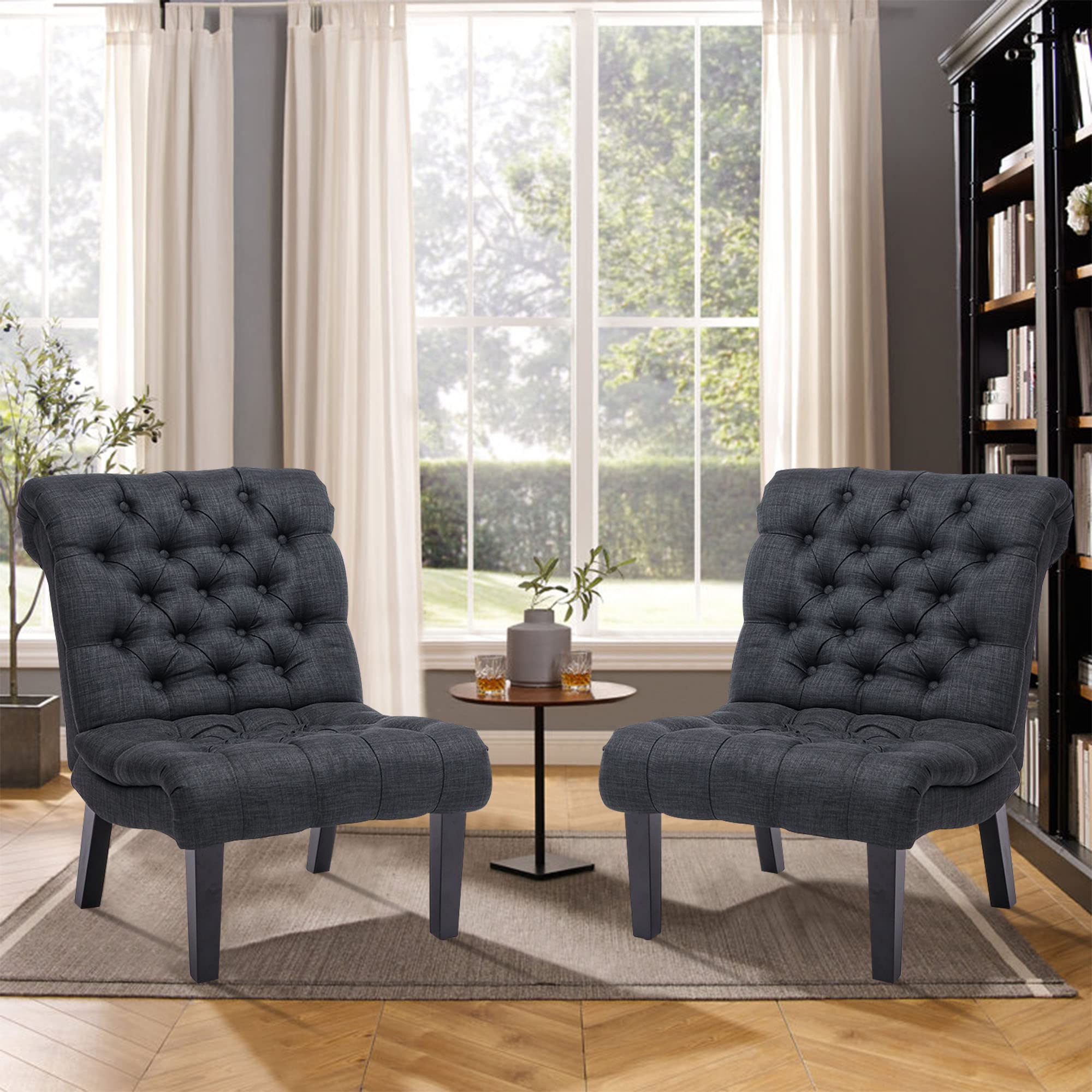 Yongqiang Accent Chair Set of 2 - Button Tufted Upholstered Fabric Chairs for Living Room, Bedroom & Office - Modern Gray Home Decor - Perfect for Reading Nooks, Guest Rooms and Small Spaces