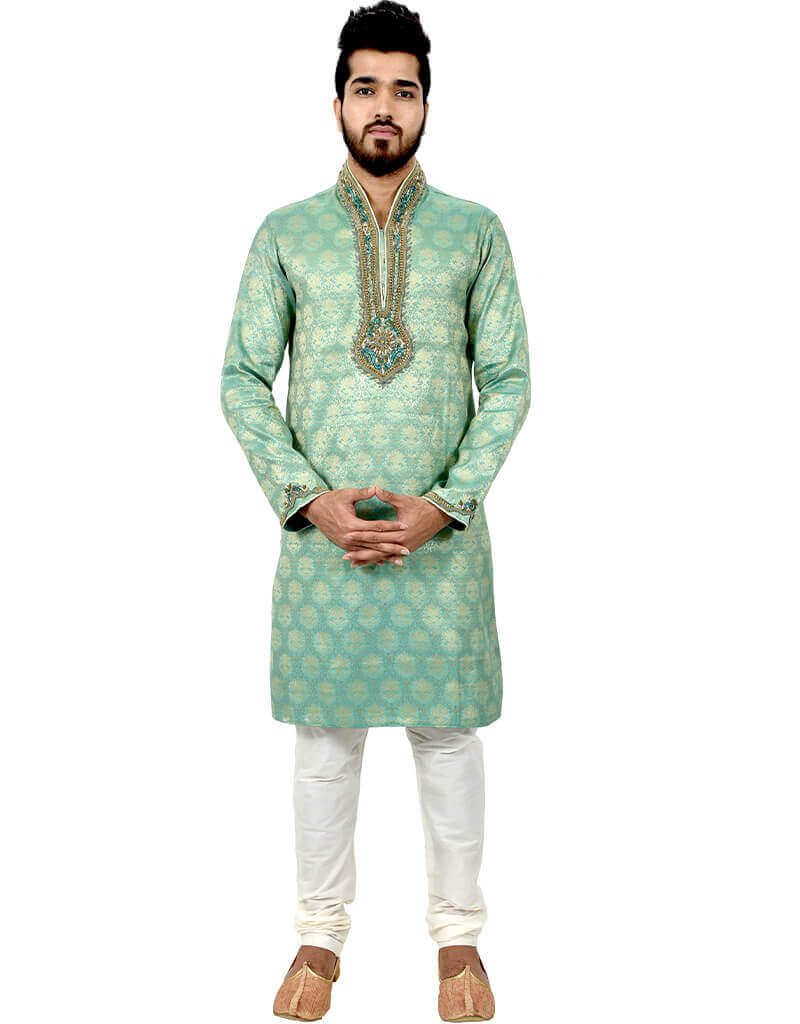 Exquisite Aquamarine Kurta with Brocade Silk Chudidaar - Elegant Indian Ethnic Wear for Weddings & Festive Occasions