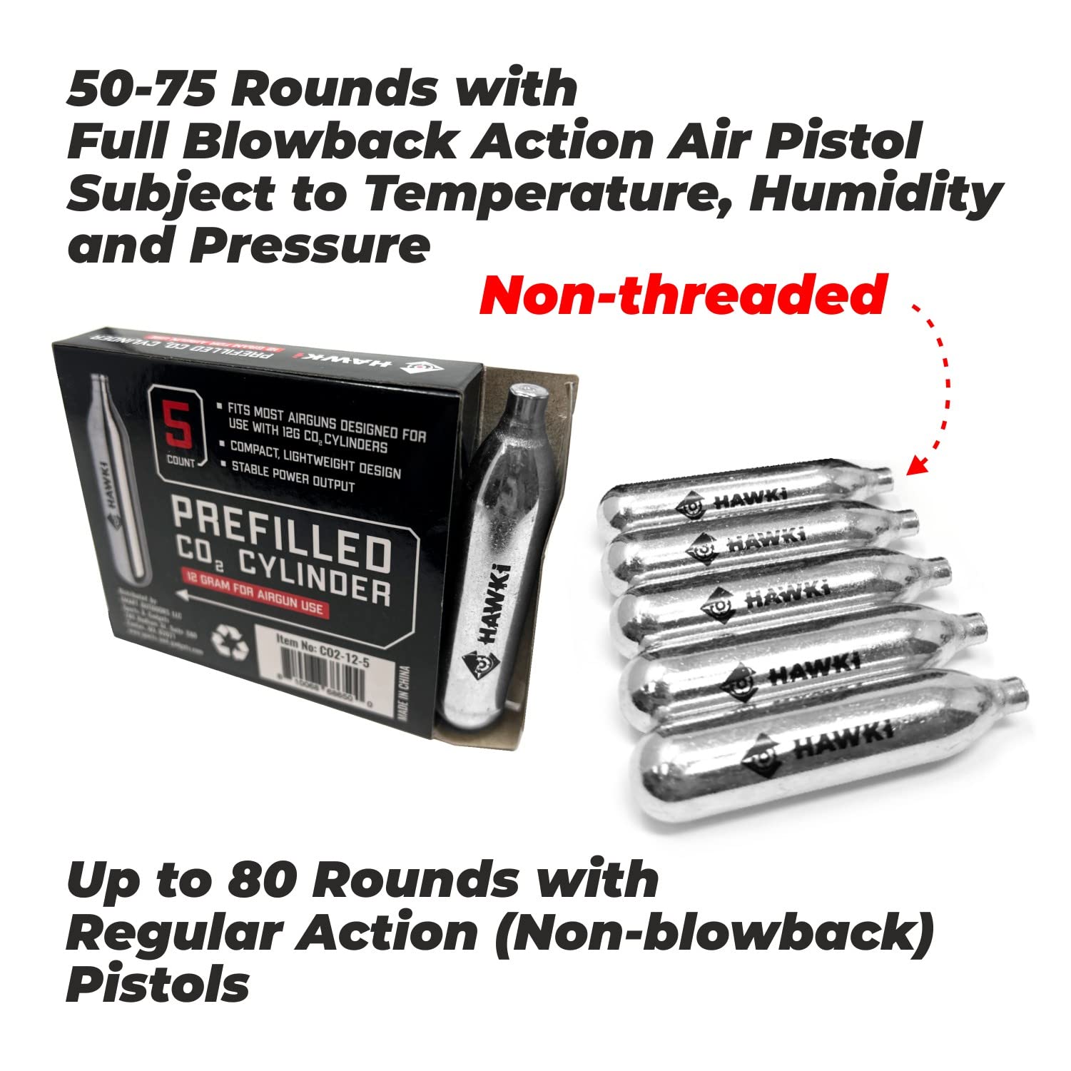 Hawki 12 Gram CO2 Cartridges - Premium Refills for Air Guns, BB Guns, Airsoft Pistols & Paintball Markers | Perfect for Target Shooting, Hunting & Outdoor Sports