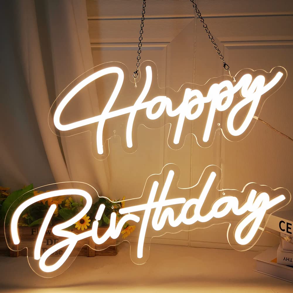 DECO Happy Birthday Neon Sign - 22 x 16 Inch LED Wall Decor for Birthday Party, Creative Gift in Warm White - Perfect for Home Decor, Bar, Restaurant & Event Lighting