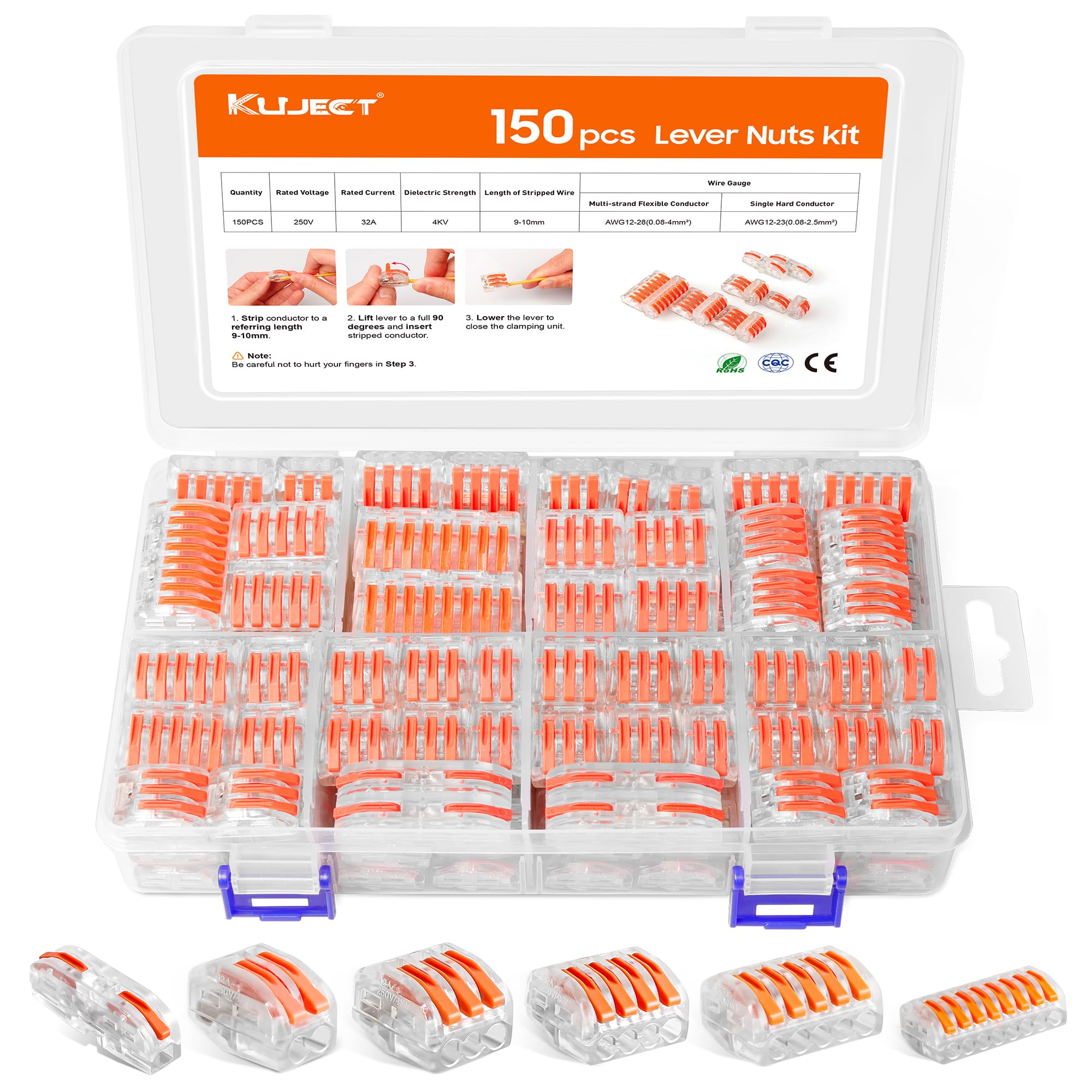 Kuject 150PCS Lever Wire Nut Connectors Kit - 2/3/4/5/8 Conductor Push-in Electrical Connectors for AWG 28-12 Wires - Quick Splice Wire Connectors with 2 Circuit Inline Splices - Ideal for Home Wiring, Electrical Repairs and DIY Projects