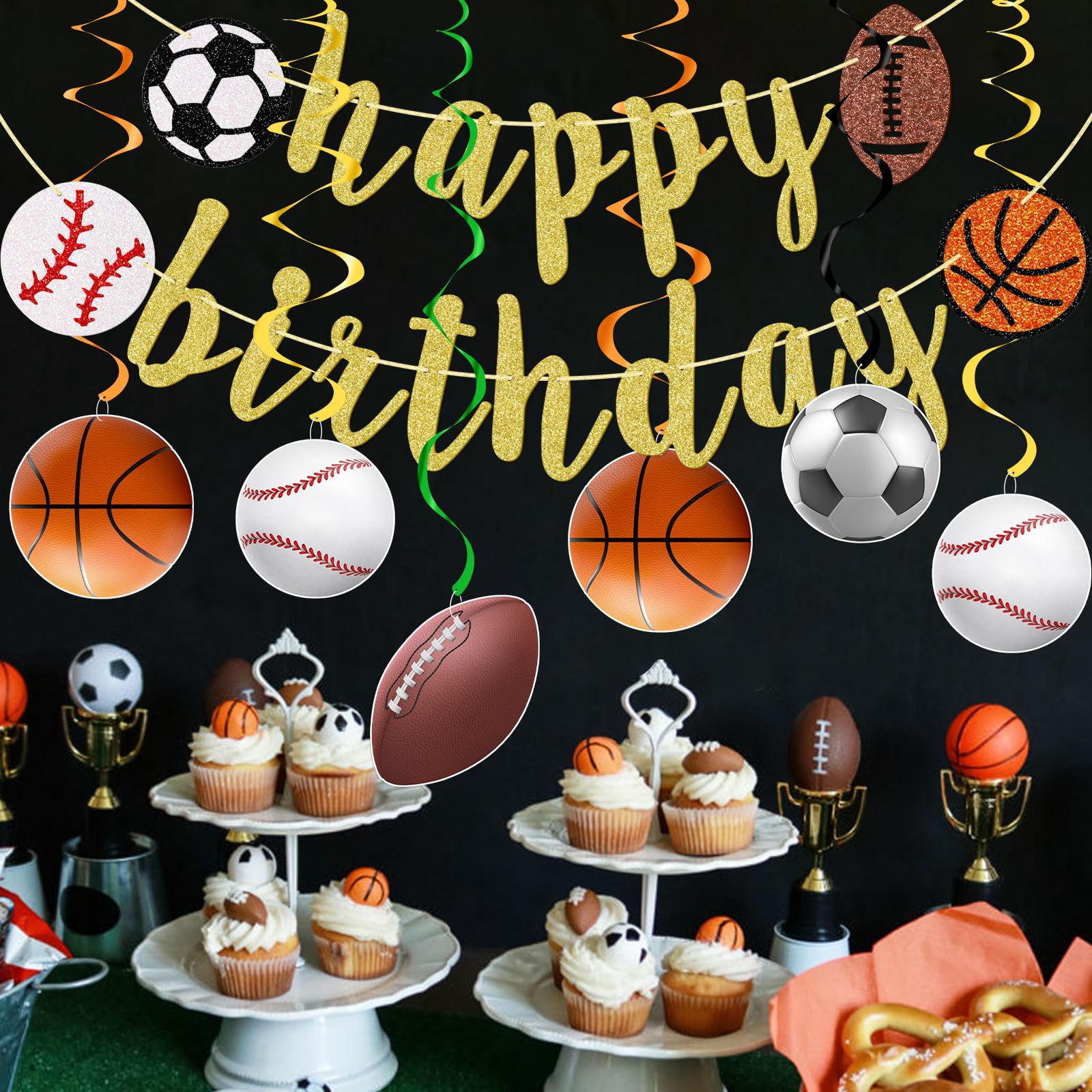 Sports Birthday Party Decorations Set - 10pcs Glitter Sports Banner, Hanging Swirls for Football, Baseball, Soccer & Basketball Theme - Gold | Perfect for Kids' Sports-Themed Birthday Parties & Team Celebrations