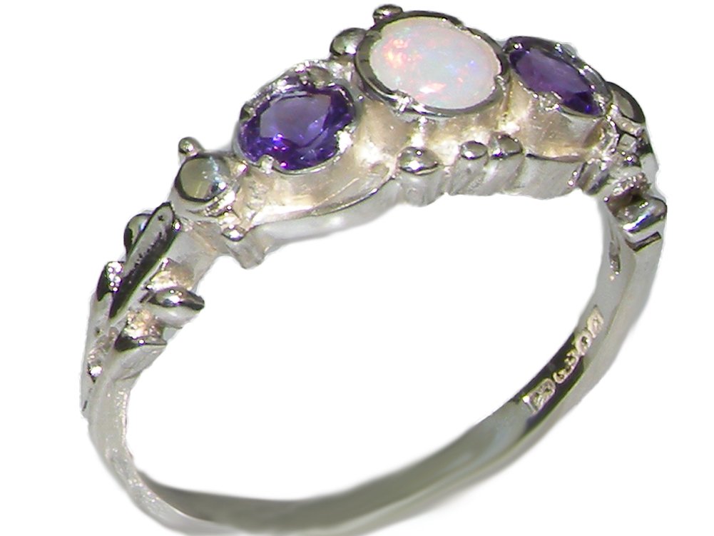 10k White Gold Genuine Opal & Amethyst Women's Band Ring - Elegant Stackable Jewelry for Everyday Wear, Anniversary Gifts & Special Occasions