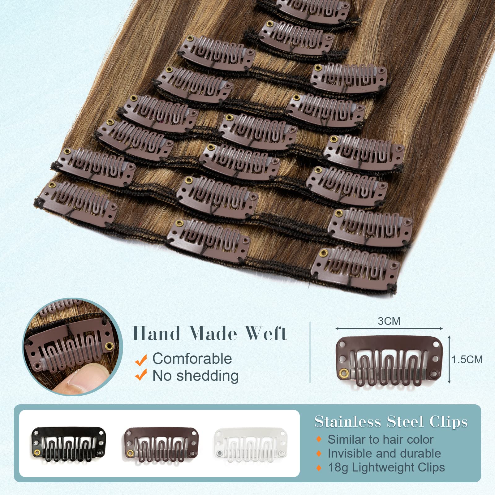 Benehair 100% Remy Human Hair Extensions Clip-in 8Pcs Set - 10 Inches 50g Chocolate Brown Mixed Light Brown #4P27 - Natural Hair Extensions with 18 Clips for Volume & Length - Perfect for Daily Styling, Parties & Special Occasions
