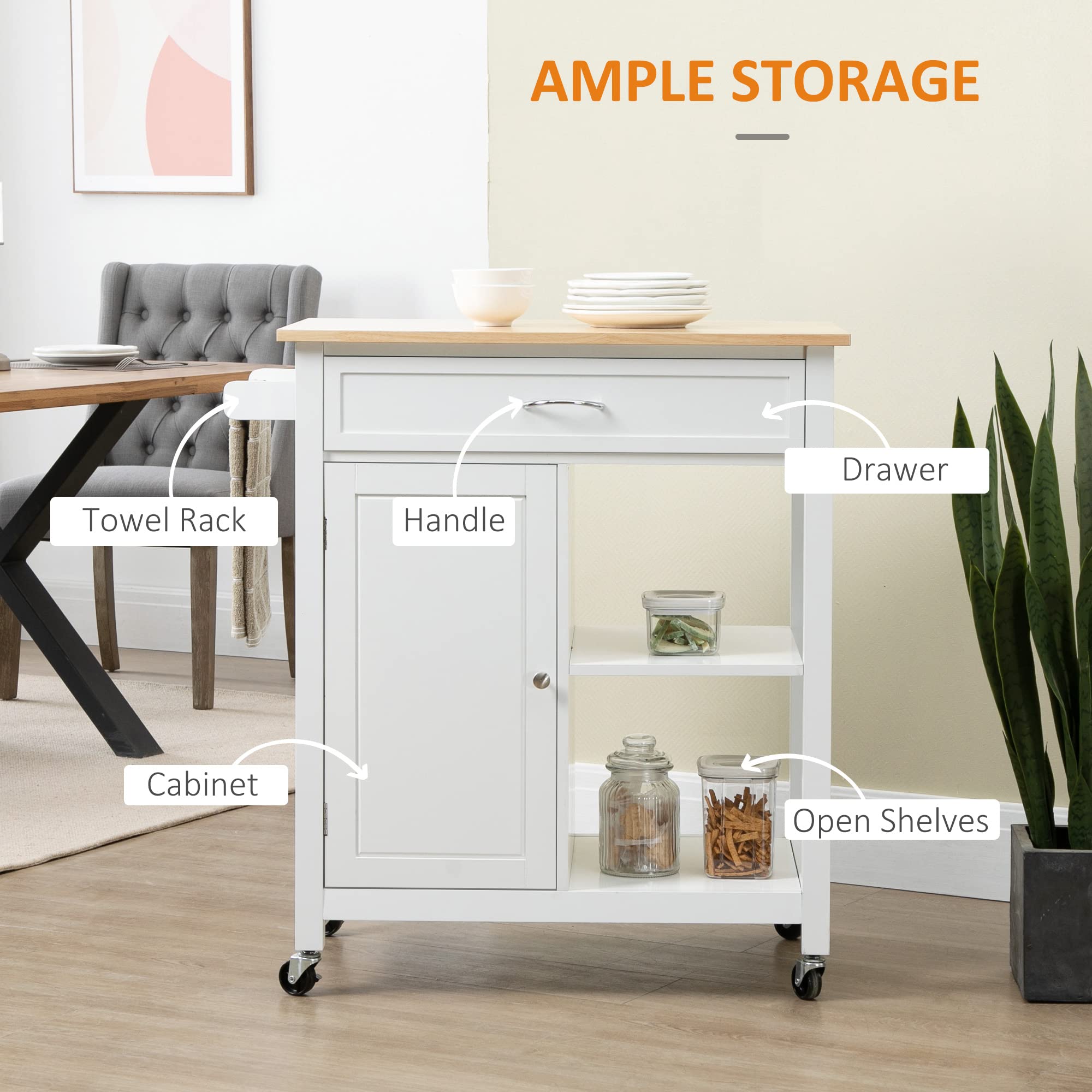 HOMCOM White Kitchen Island Cart with Drawer & Storage Shelf - Solid Wood Top for Dining Room & Small Spaces