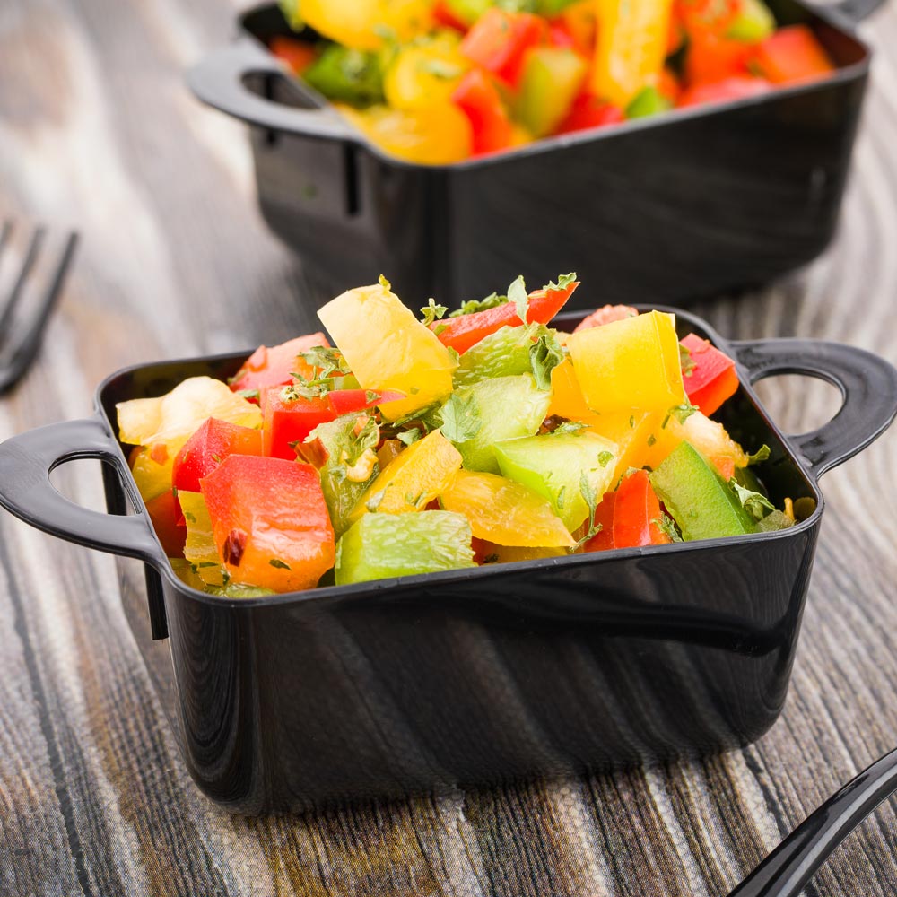 100 Pack 3 oz Rectangle Black Plastic Ramekins with 100 Silver Plastic Mini Forks - Perfect for Catering, Desserts, and Party Appetizers