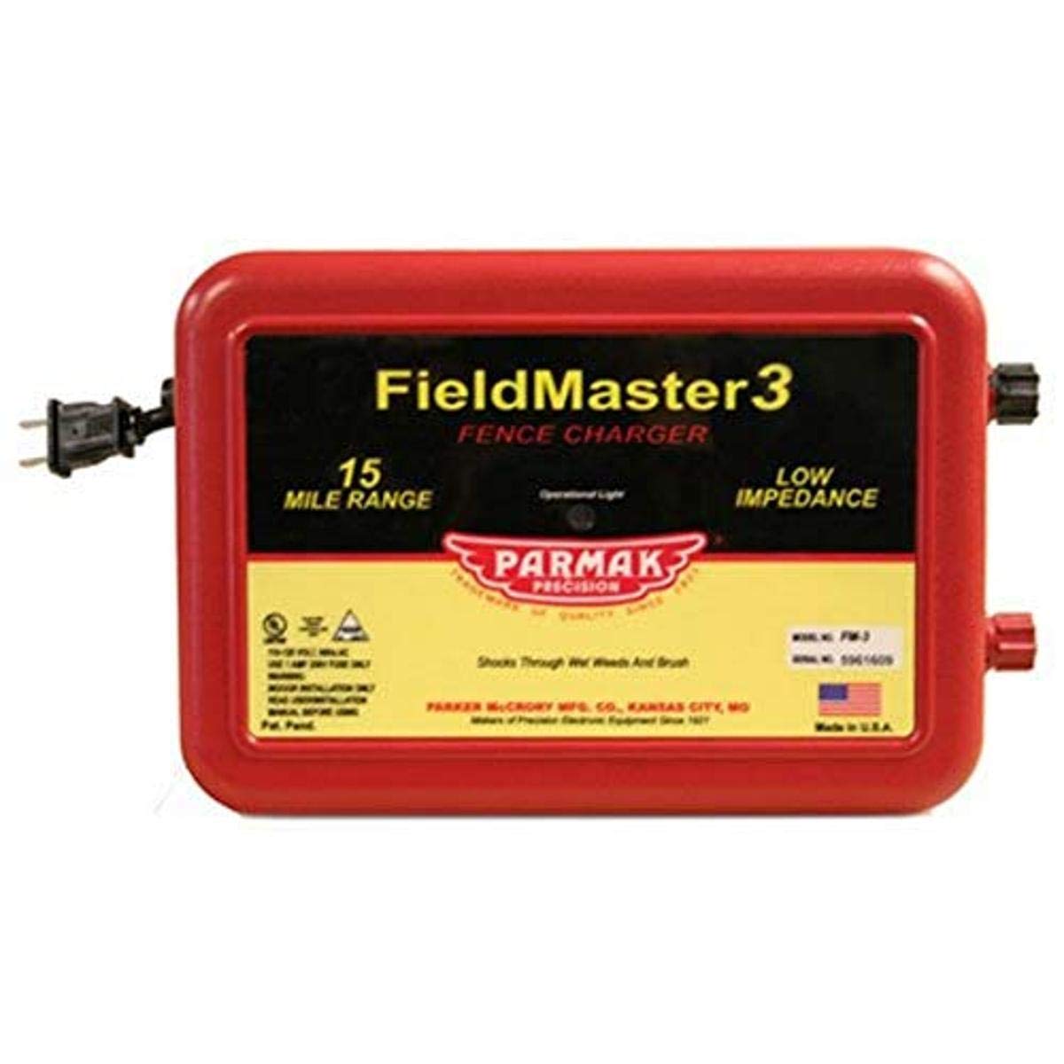 Parmak Fieldmaster 2 Low Impedance 110/120 Volt 15 Mile Range Electric Fence Charger FM3 - Powerful Livestock Fence Energizer for Farms, Ranches & Pastures - Keep Animals Safe & Secure
