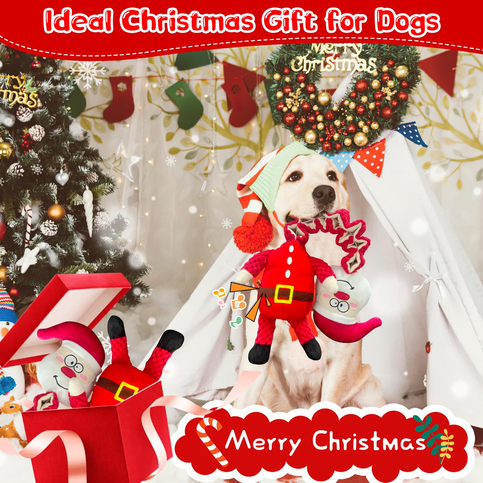 Christmas Large Interactive Dog Toys - Squeaky Plush Stuffed Chew Toy for Big Dogs | Durable Santa-Themed Puppy Toys for Small, Medium & Large Breeds | Perfect for Holiday Playtime & Training
