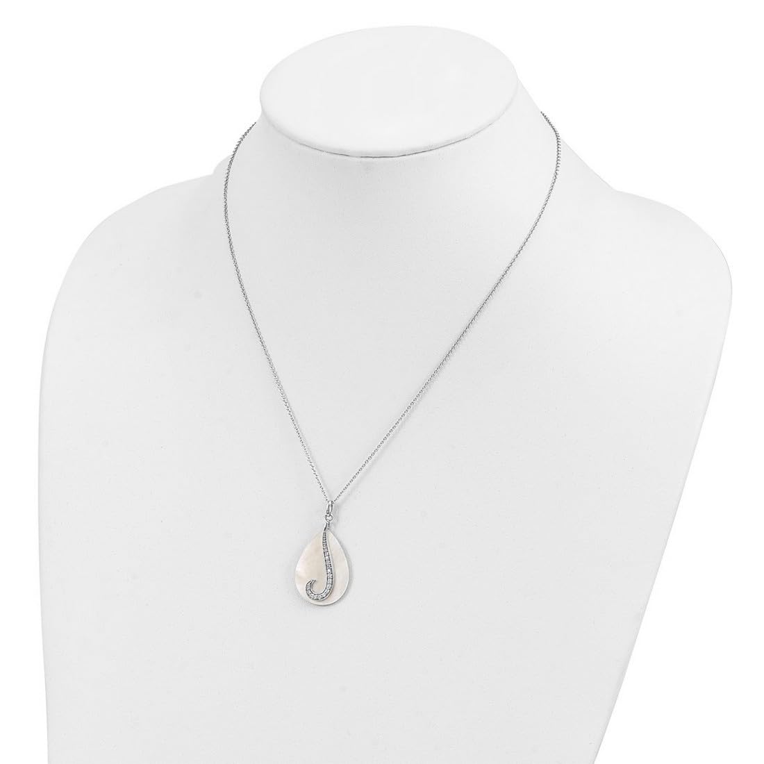 925 Sterling Silver Polished Spring Ring Necklace with Simulated Mother of Pearl & Cubic Zirconia Pendant - 18 Inch Elegant Tear Drop Jewelry for Women, Perfect for Weddings, Anniversaries and Special Occasions
