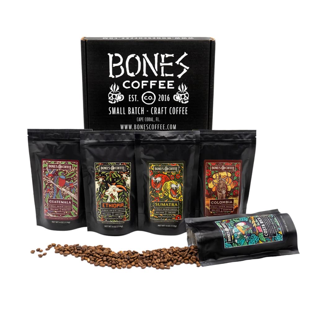 Bones Coffee Company World Tour Sample Pack Gift Set - Medium Roast Whole Bean Coffee, Low Acid Flavored Coffee Beans (4 oz, Pack of 5) | Perfect for Coffee Lovers, Office Gifts & Home Brewing