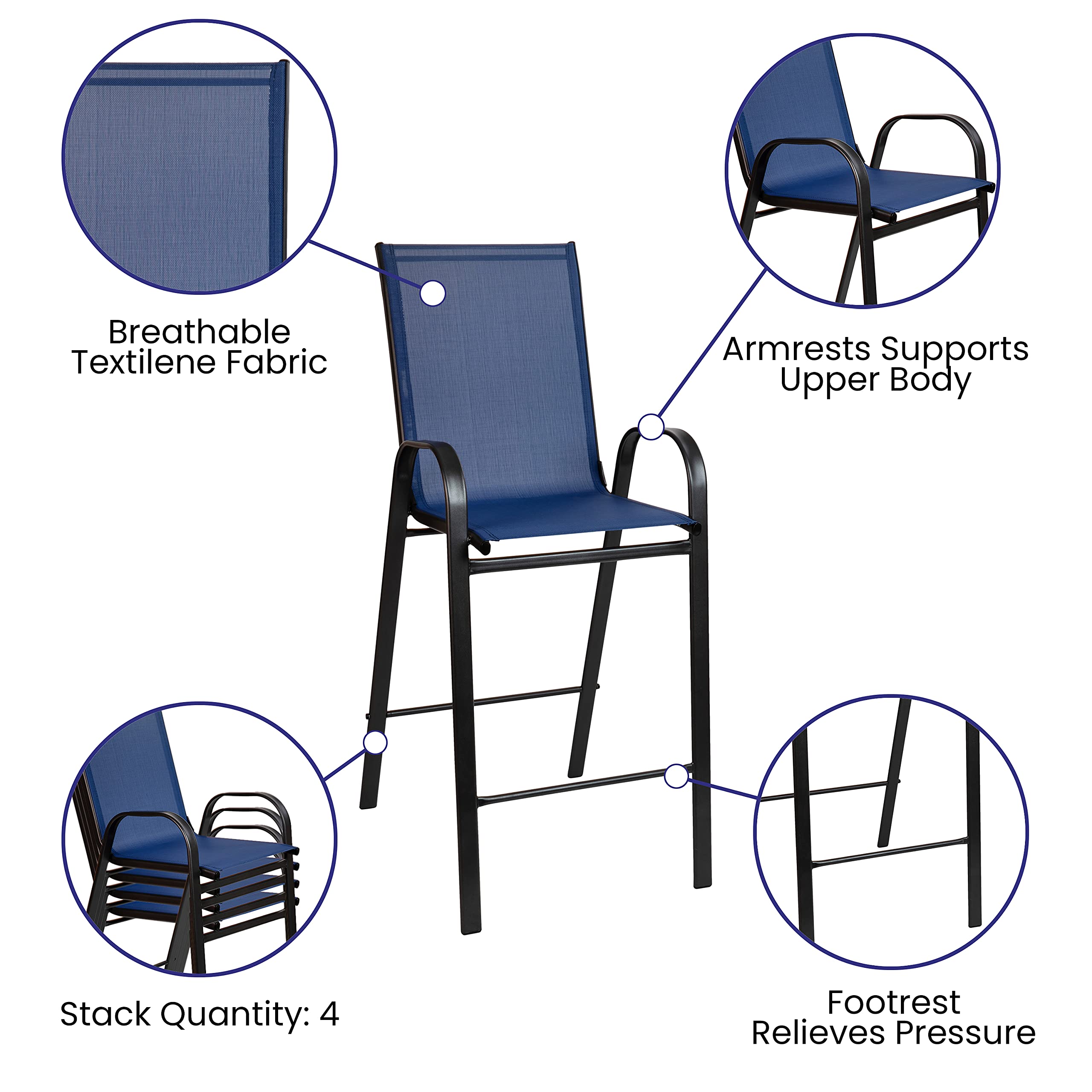 Flash Furniture Brazos 5-Piece Bar Table Set with Glass Top & 4 Navy Patio Bar Stools - Outdoor Dining Set for Patio, Deck, Backyard, and Poolside Entertaining