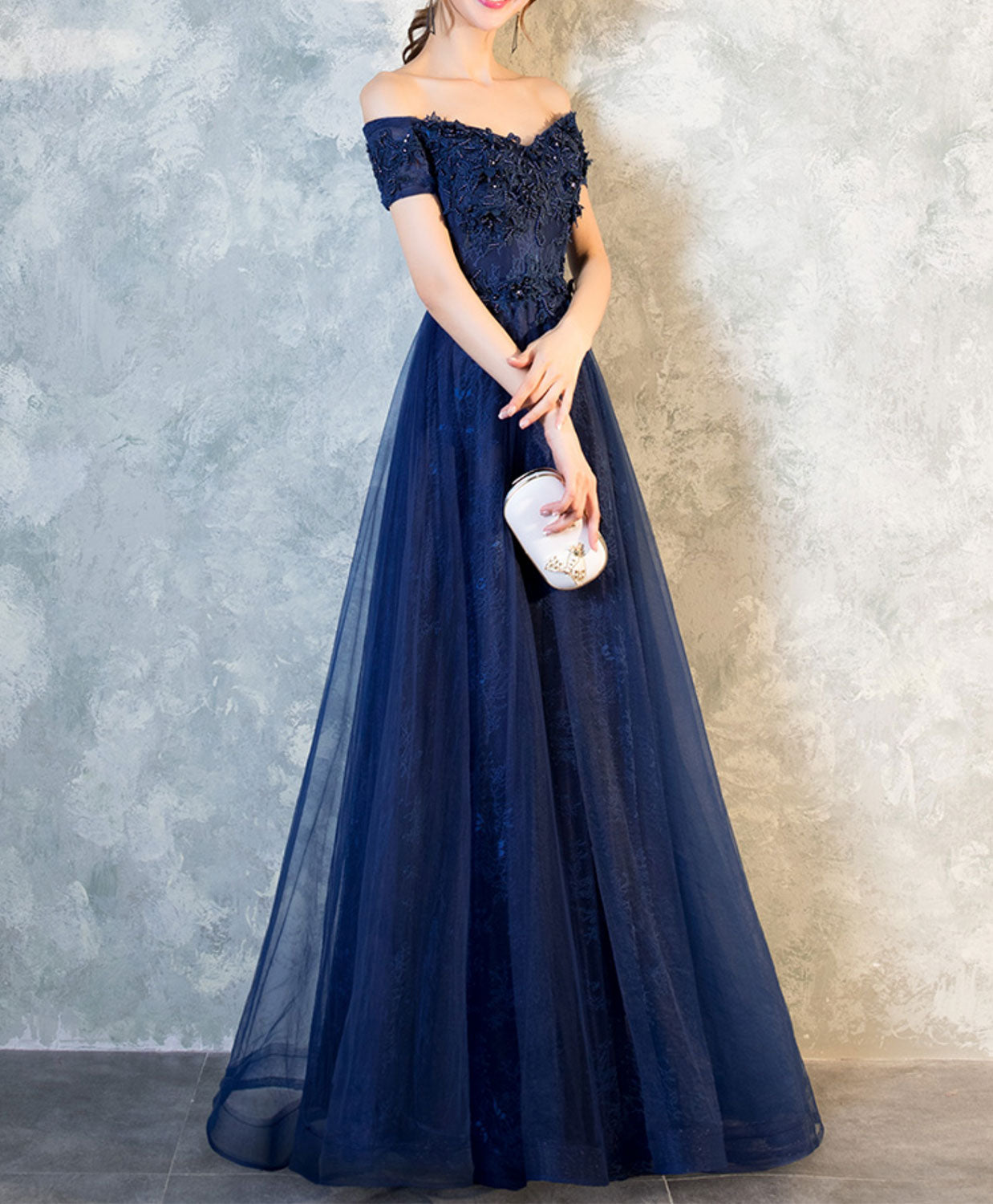 Elegant Blue Lace Off-Shoulder Long Prom Dress for Women - Formal Evening Gown for Homecoming, Wedding, Party & Special Occasions