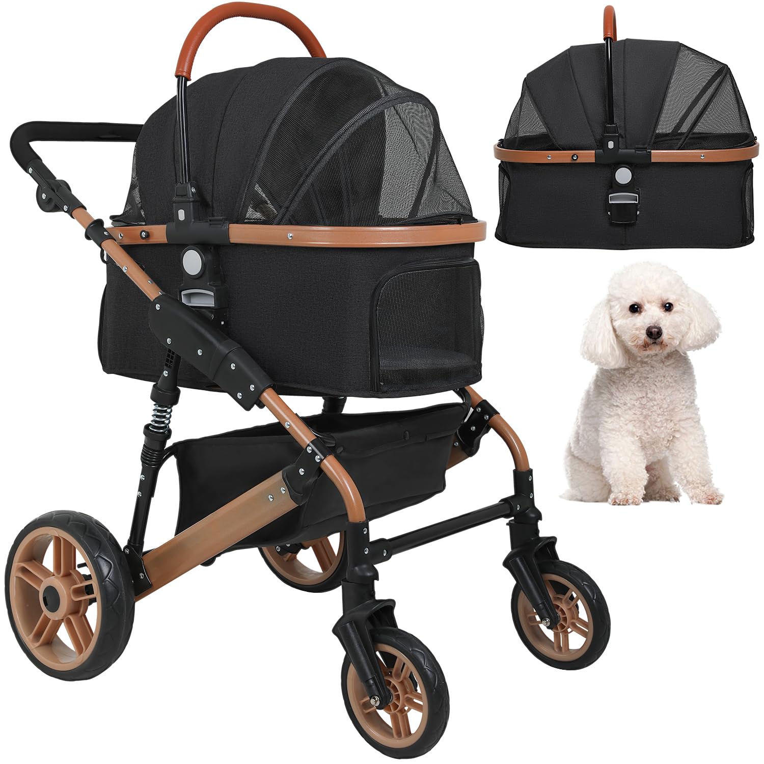 BestPet Premium 3-in-1 Folding Pet Stroller for Large & Medium Dogs & Cats - Aluminum Frame, 66lbs Capacity, Lightweight Travel Stroller with Detachable Carrier - Perfect for Walks, Vet Visits & Outdoor Adventures (Black)