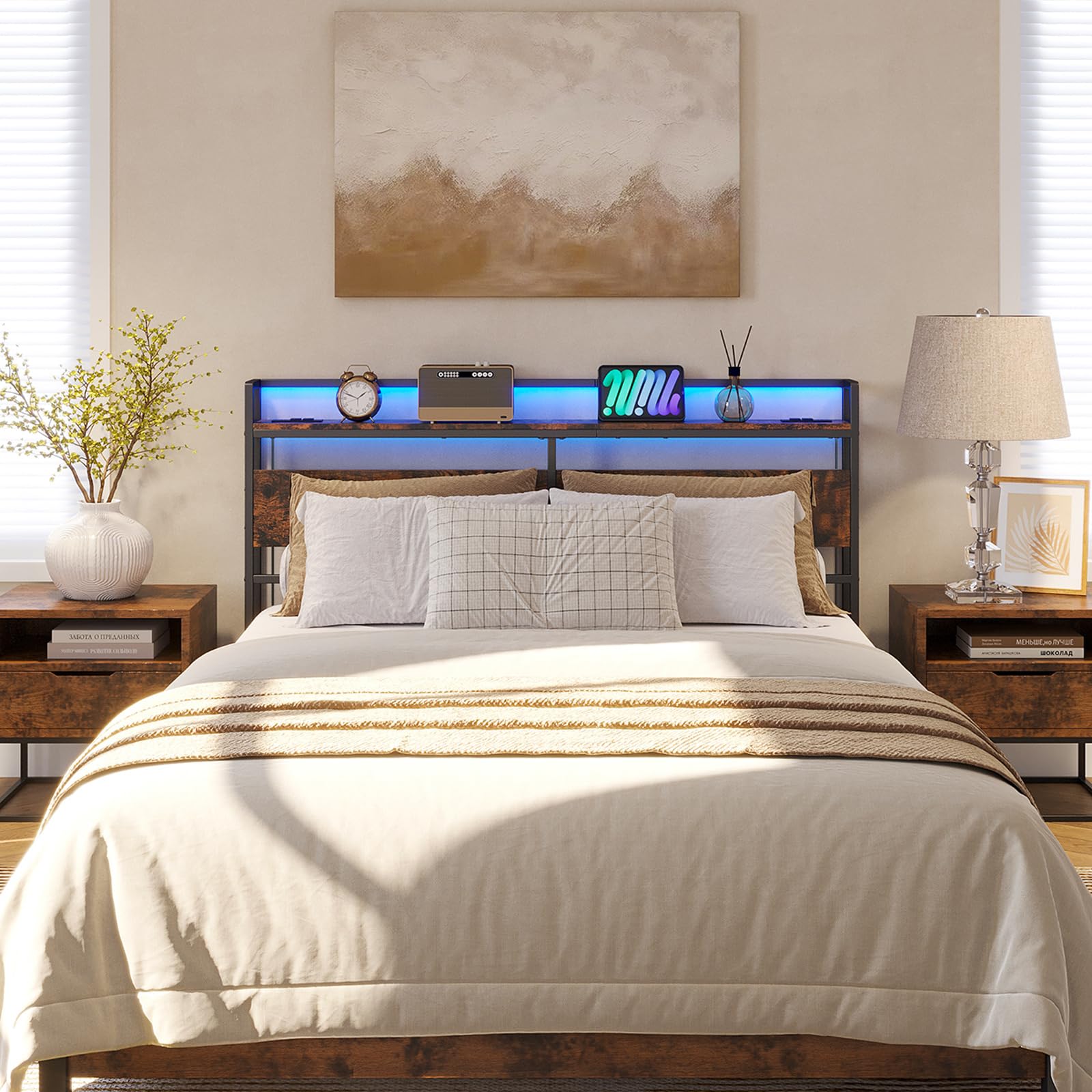 ELYKEN Queen Size Headboard with USB Ports, LED Lights & Outlets - Freestanding Bed Backboard with Shelf, Adjustable for Different Bed Frames - Rustic Brown - Perfect for Bedroom Upgrade, Guest Room & Modern Home Decor