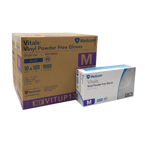Premium Medicom Vitals Vinyl Disposable Gloves - Powder-Free, Latex-Free, Comfort Fit (100 Count, Blue) - Ideal for Medical, Food Service & Cleaning Protection