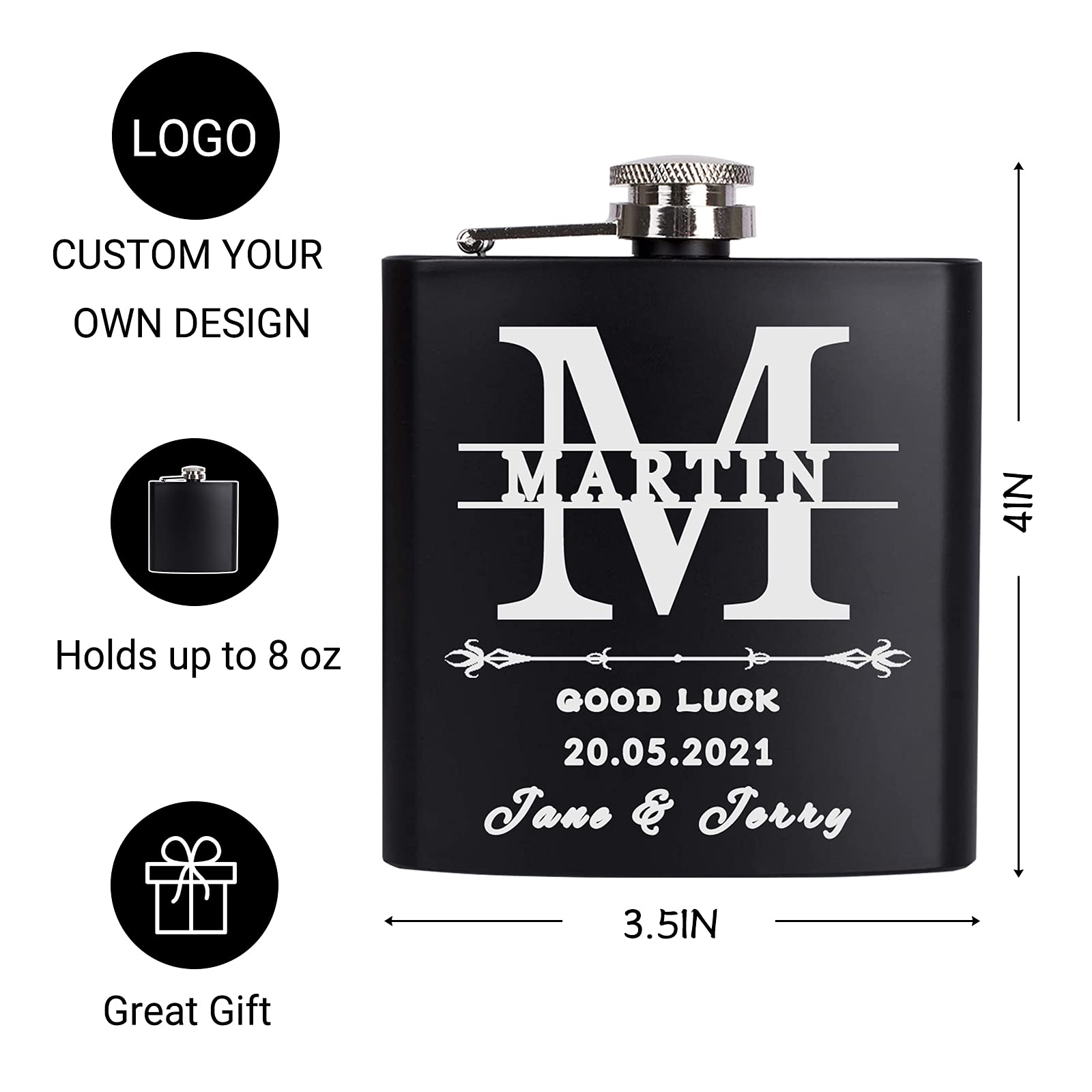 Personalized Engraved Black Flask for Men - Custom Wedding Gift for Groomsmen & Best Man - 6-8 oz Stainless Steel Flask - Perfect for Bachelor Parties, Weddings & Special Occasions