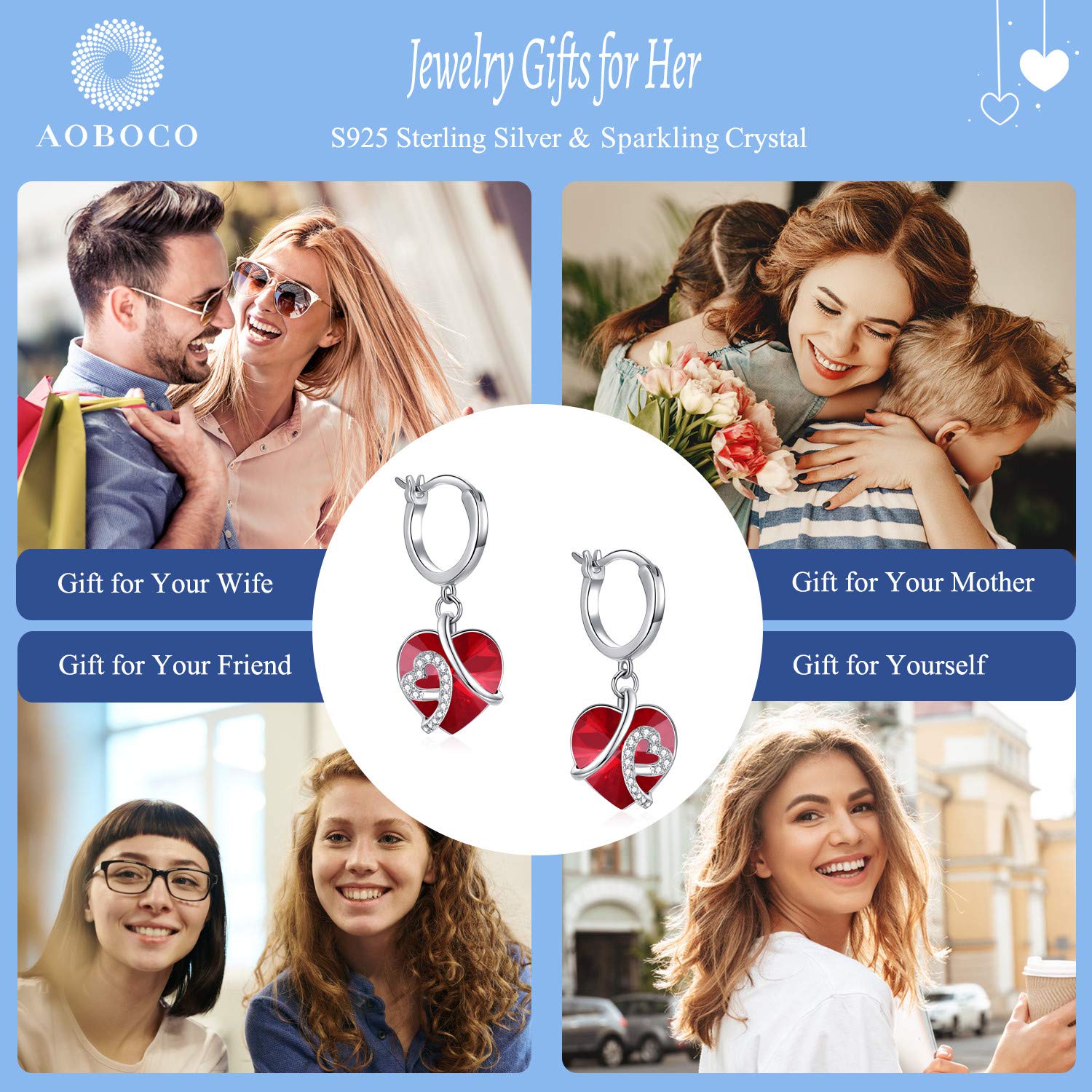Heart Crystal Dangle Earrings - Sterling Silver Hoop Earrings for Women | Romantic Gift for Her, Date Night Jewelry