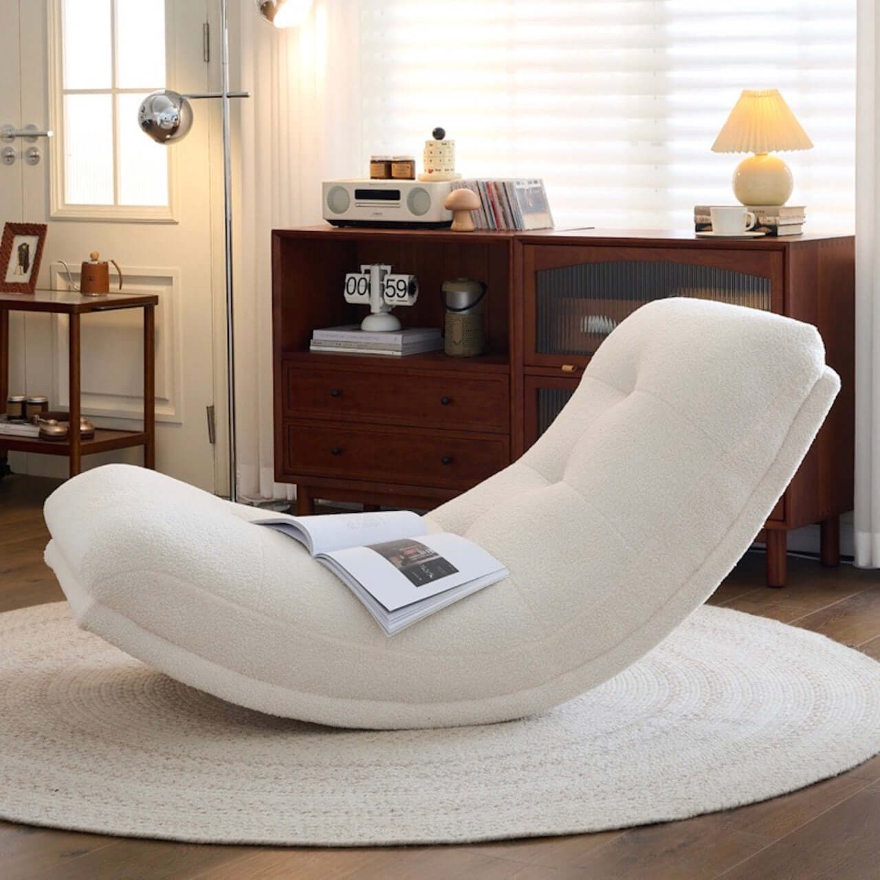 Luxury White Boucle Caterpillar Lounge Chair - Single Sofa Rocker with Soft Cushion for Living Room, Bedroom & Nursery - Cozy Modern Accent Chair for Relaxing & Nursing