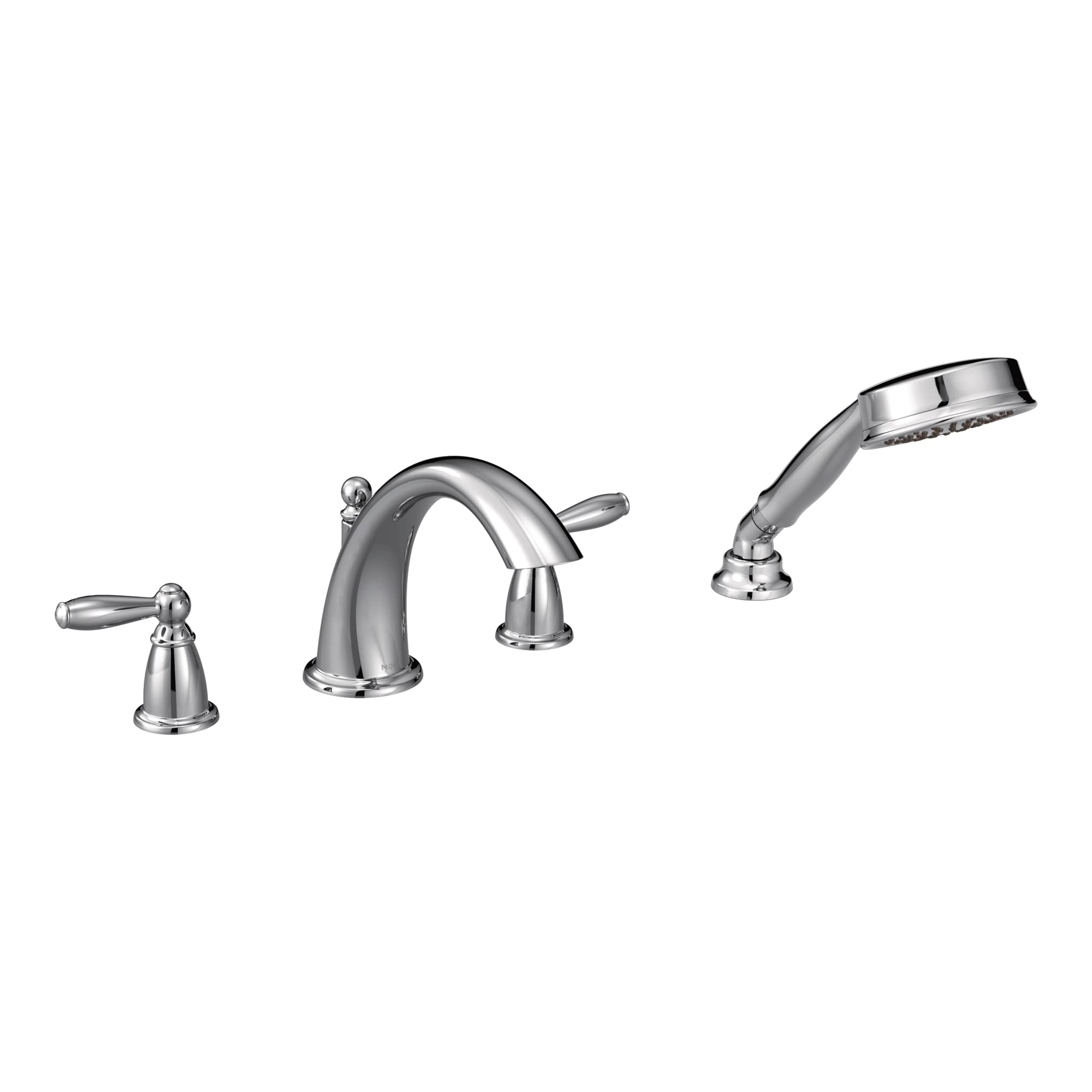 Moen T924 Brantford 2-Handle Deck Mount Roman Tub Faucet Trim Kit with Single Function Handshower - Chrome Finish - Includes Required Valve - Perfect for Bathroom Renovation and Luxury Bathtub Installation