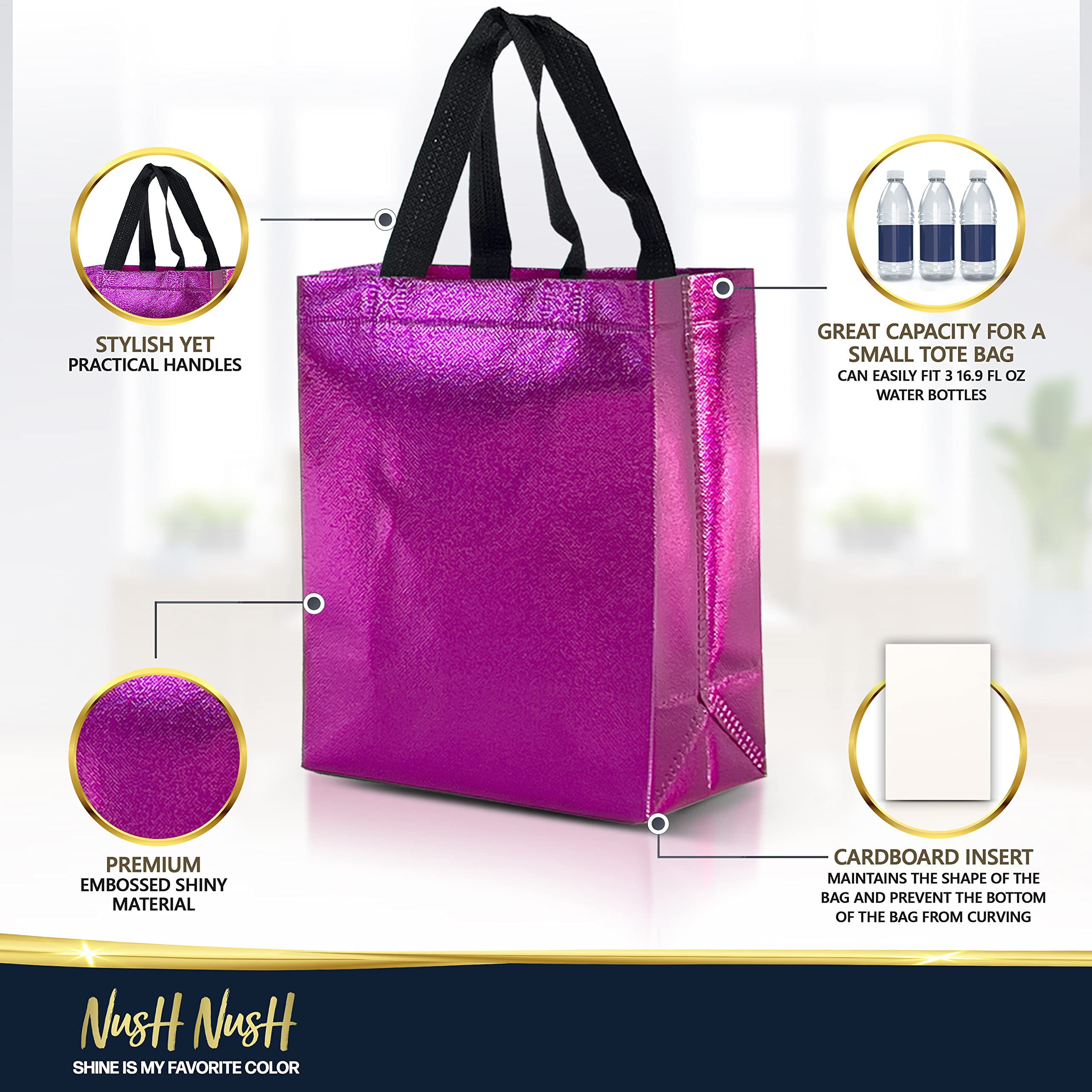 Nush Nush 12-Pack Medium Hot Pink Reusable Gift Bags with Handles - 8