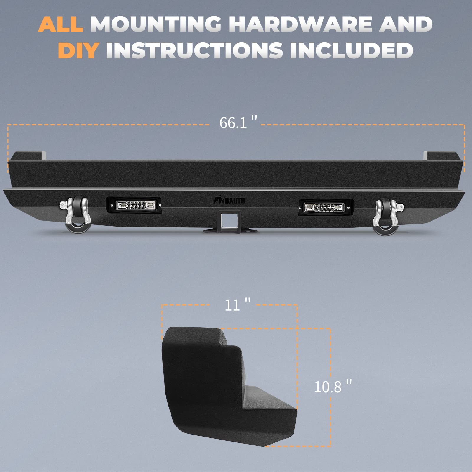 FINDAUTO Upgraded Textured Black Rock Crawler Rear Bumper with LED Lights & D-Rings | Compatible with 1984-2001 Jeep Cherokee | Off-Road Protection & Enhanced Style for Jeep Adventures