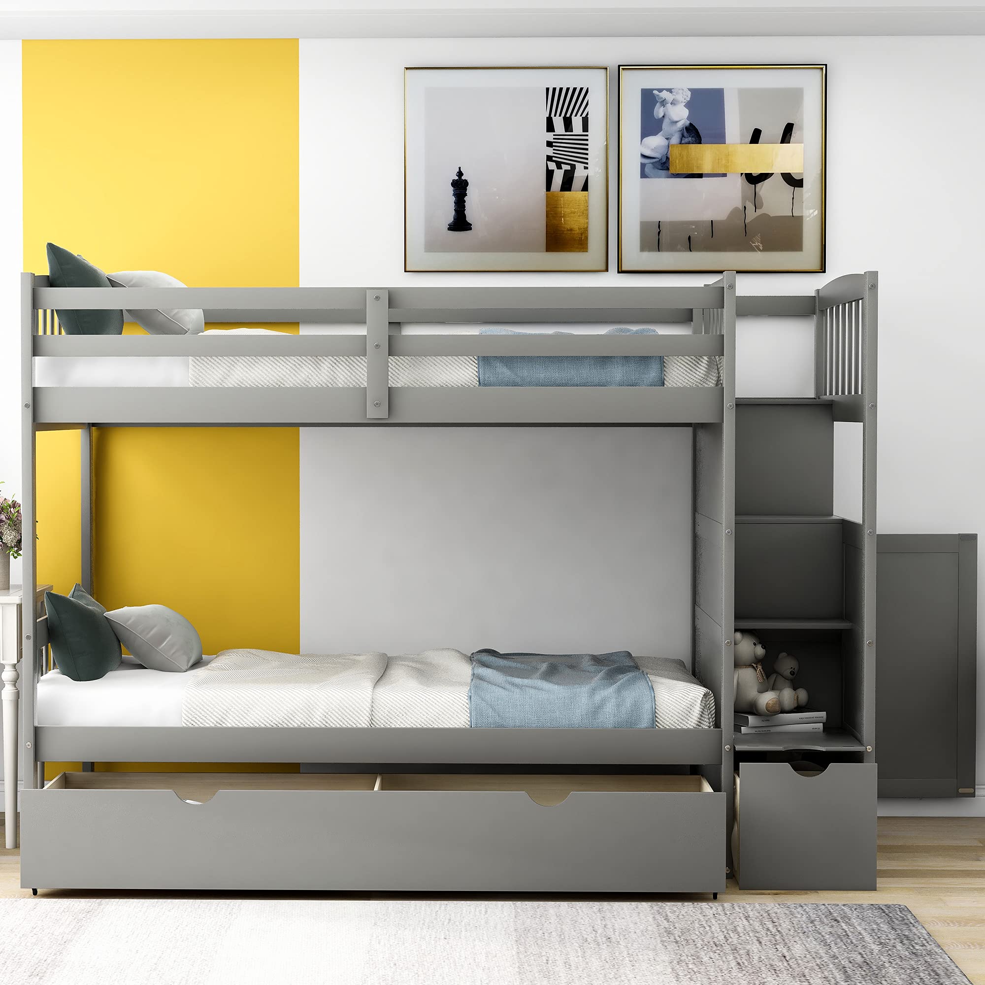Twin Over Full Bunk Bed with Storage Shelves & Drawers | Twin Over Twin Convertible Bunk Bed with Stairs | Solid Wood Kids Bedroom Furniture (Gray) - Perfect for Small Spaces, Shared Kids Rooms & Guest Bedrooms
