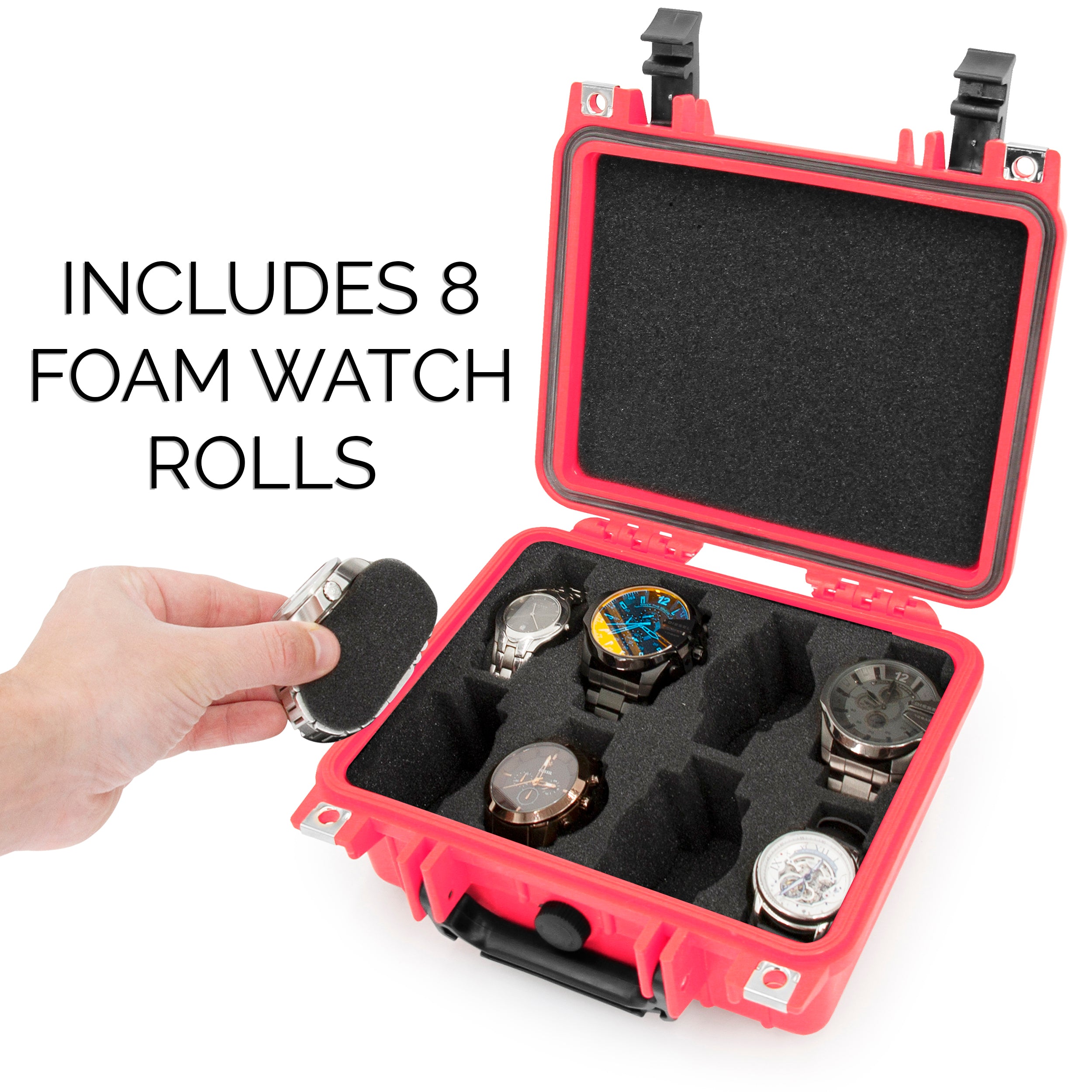 Premium CASEMATIX Waterproof Watch Travel Case - 8 Watch Roll Holder with Foam Display Tray - Fits 24mm to 56mm Watch Faces (Red) - Perfect for Travel, Storage & Watch Collection Organization