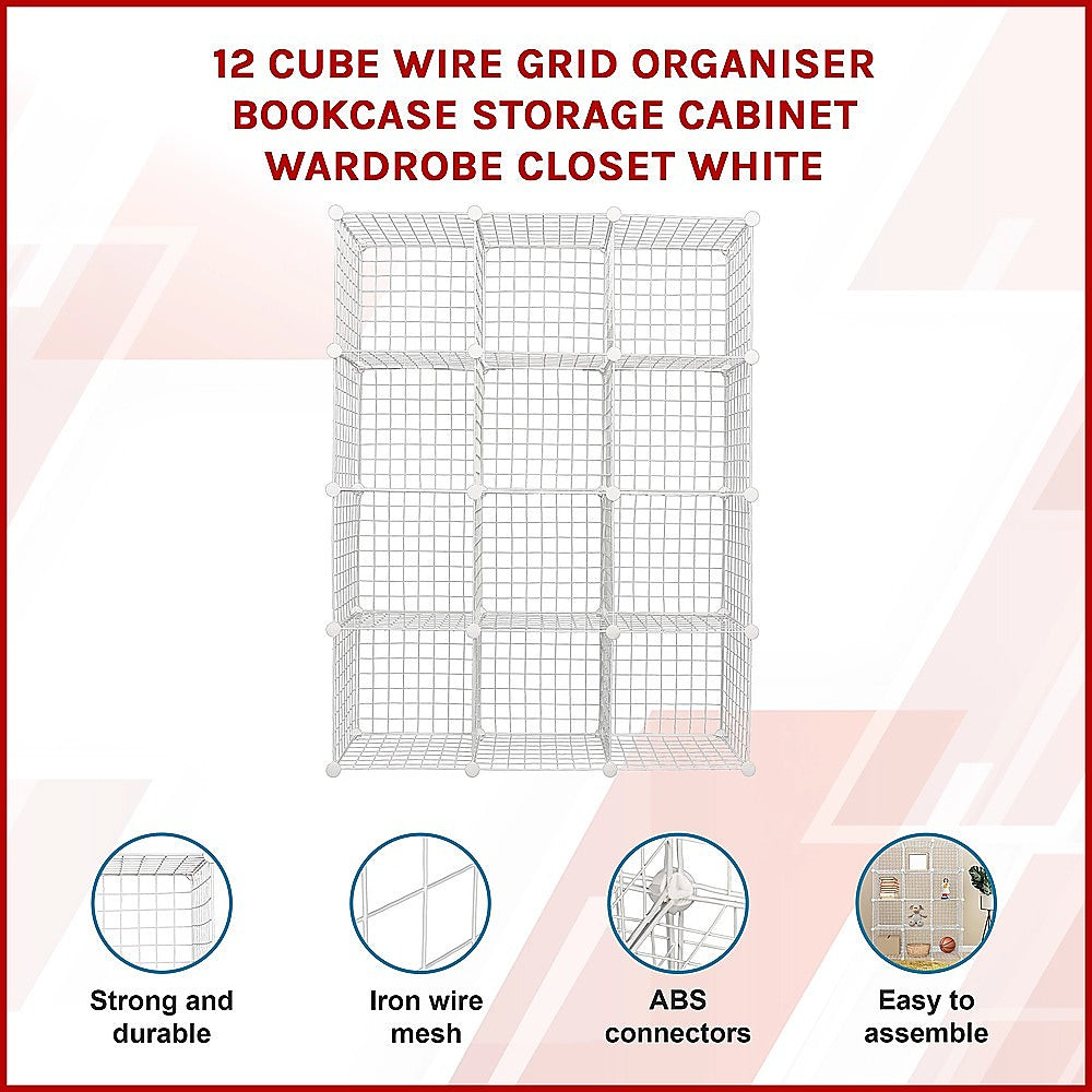 12 Cube Wire Grid Organizer Bookcase - White Storage Cabinet for Wardrobe, Closet & Home Organization | Perfect for Bedroom, Office & Living Room Storage Solutions