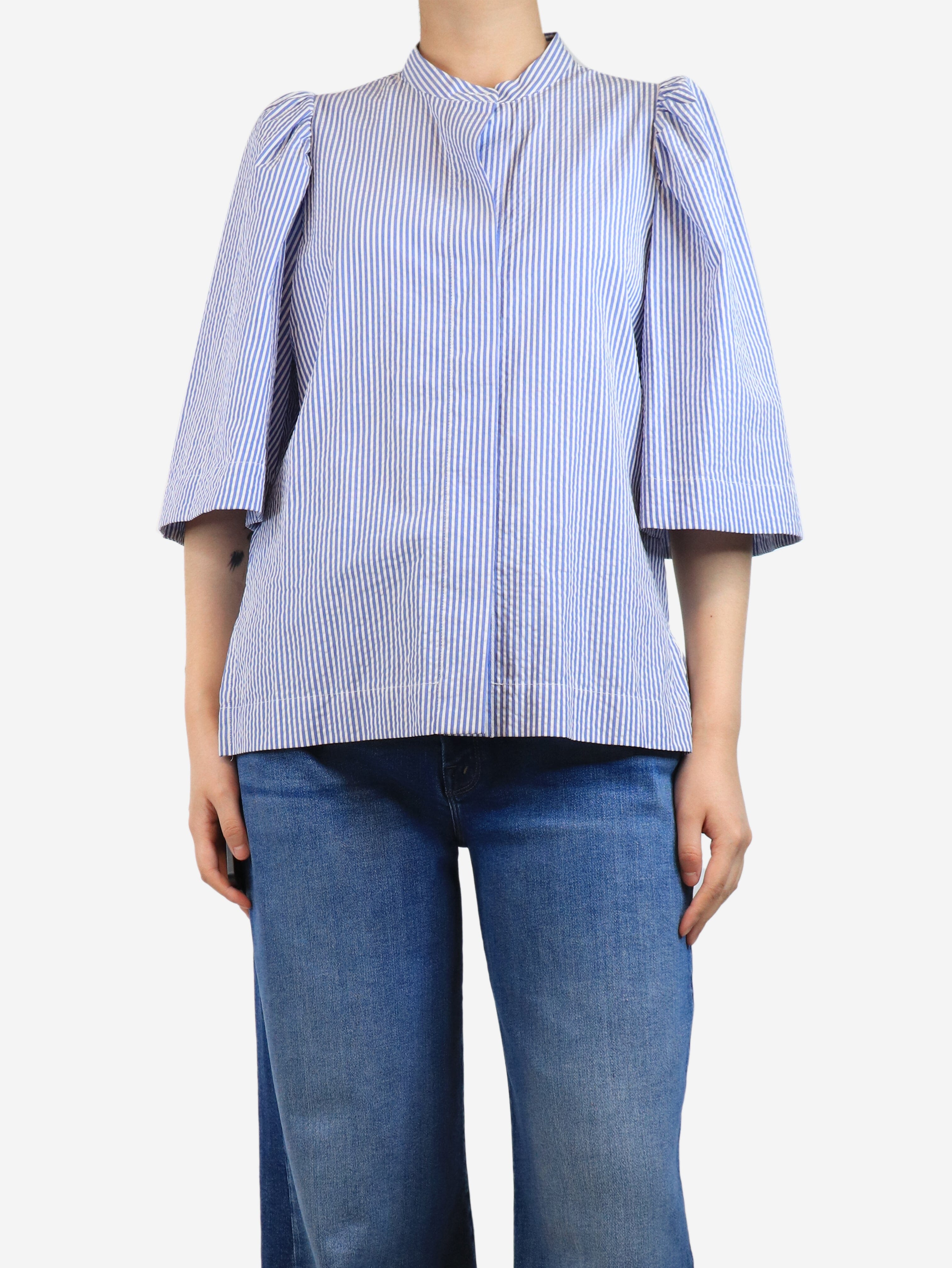 Blue and White Striped Seersucker Blouse - UK Size 10 | Lightweight Summer Top for Women | Perfect for Beach Outings, Casual Wear & Office Attire