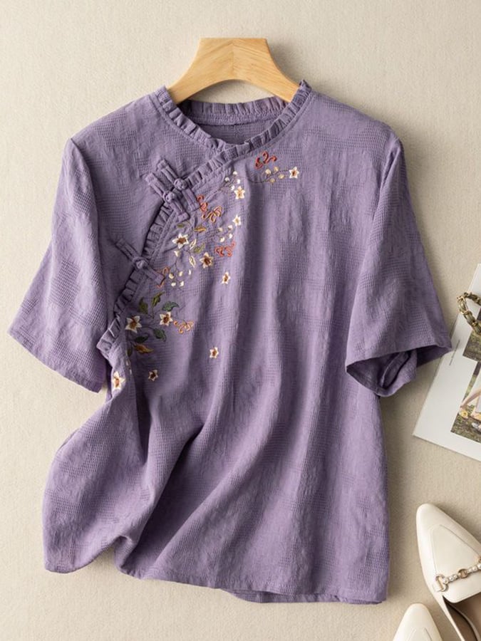 Lovevop Cotton Embroidered Retro Shirt for Women - Vintage Literary Artistic Style with Diagonal Placket - Perfect for Casual Wear, Boho Outfits & Themed Events