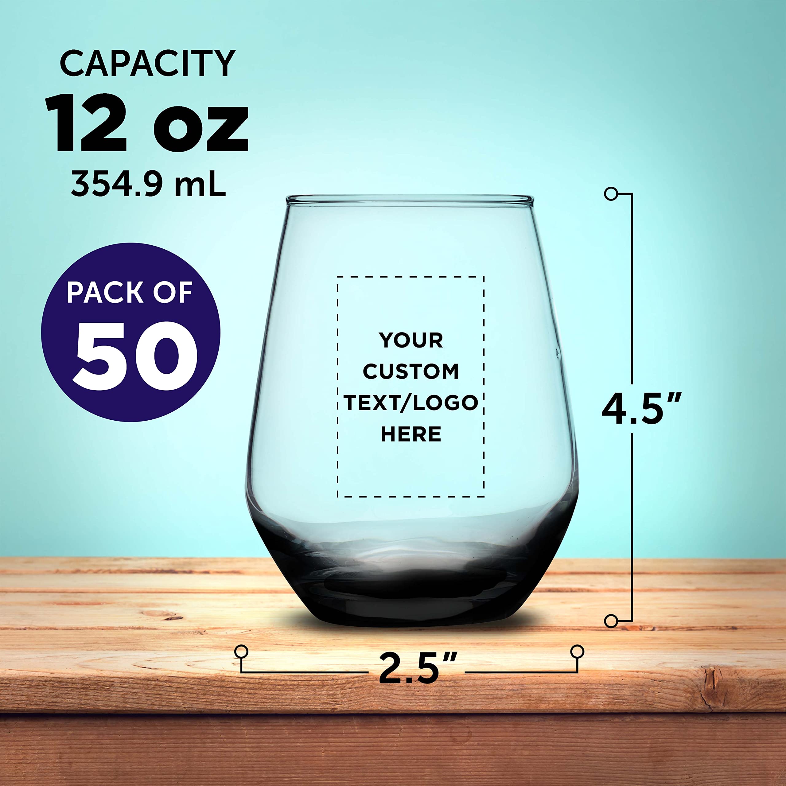 Custom Silica Stemless Wine Glasses 12 oz (Set of 50) - Personalized Bulk Pack for Restaurants & Bars - Durable Glassware for Red Wine, White Wine & Cocktails - Perfect for Weddings, Parties & Corporate Events - Black