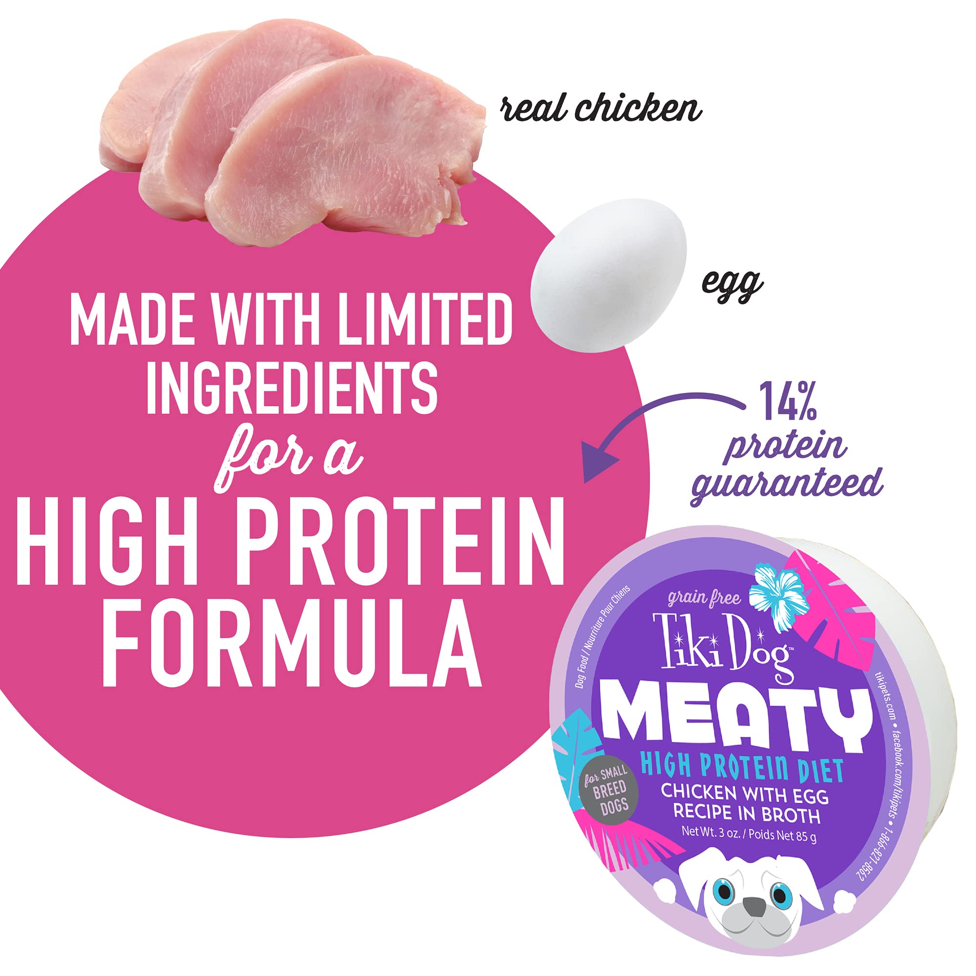 Tiki Dog Meaty Wet Dog Food - Chicken with Egg Recipe, 3 oz. Cups (Pack of 4) | High Protein Grain-Free Dog Food for Small & Medium Breeds | Perfect for Travel, Training Treats & Mealtime