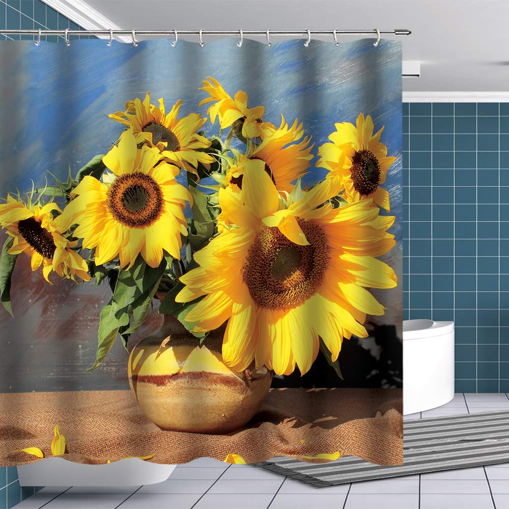 Van Gogh Sunflower Shower Curtain Set - Waterproof Fabric Bathroom Decor with 12 Hooks (70x70 Inches) | Artistic Bath Accessories for Modern & Vintage Style Bathrooms