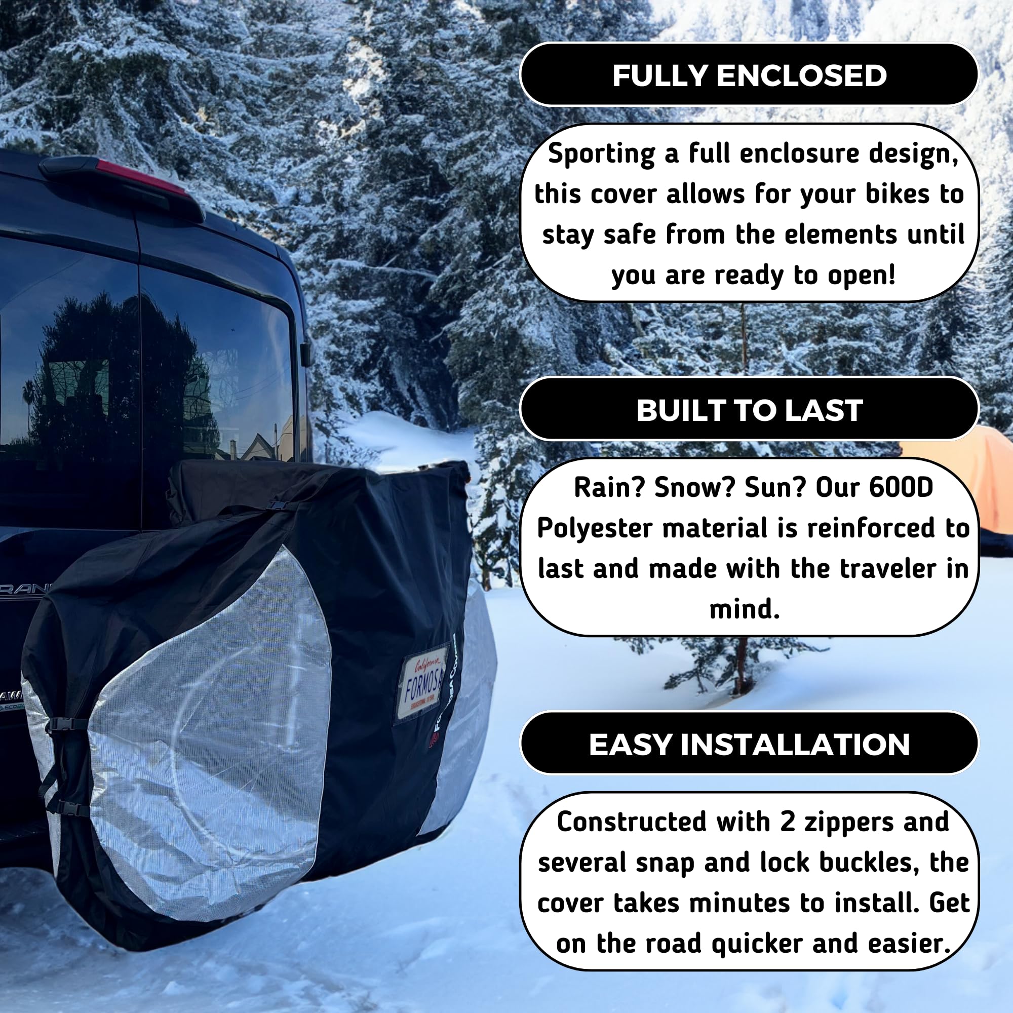 Lightweight Travel Bike Cover for Rear Hitch Mount Rack - Universal Fit for Cars, Trucks, RVs & SUVs - 300D Heavy-Duty Waterproof Material with Transparent Tail Light Reflectors - Fully Enclosed Protection for 1-2 Bikes - Perfect for Road Trips, Camping & Outdoor Adventures