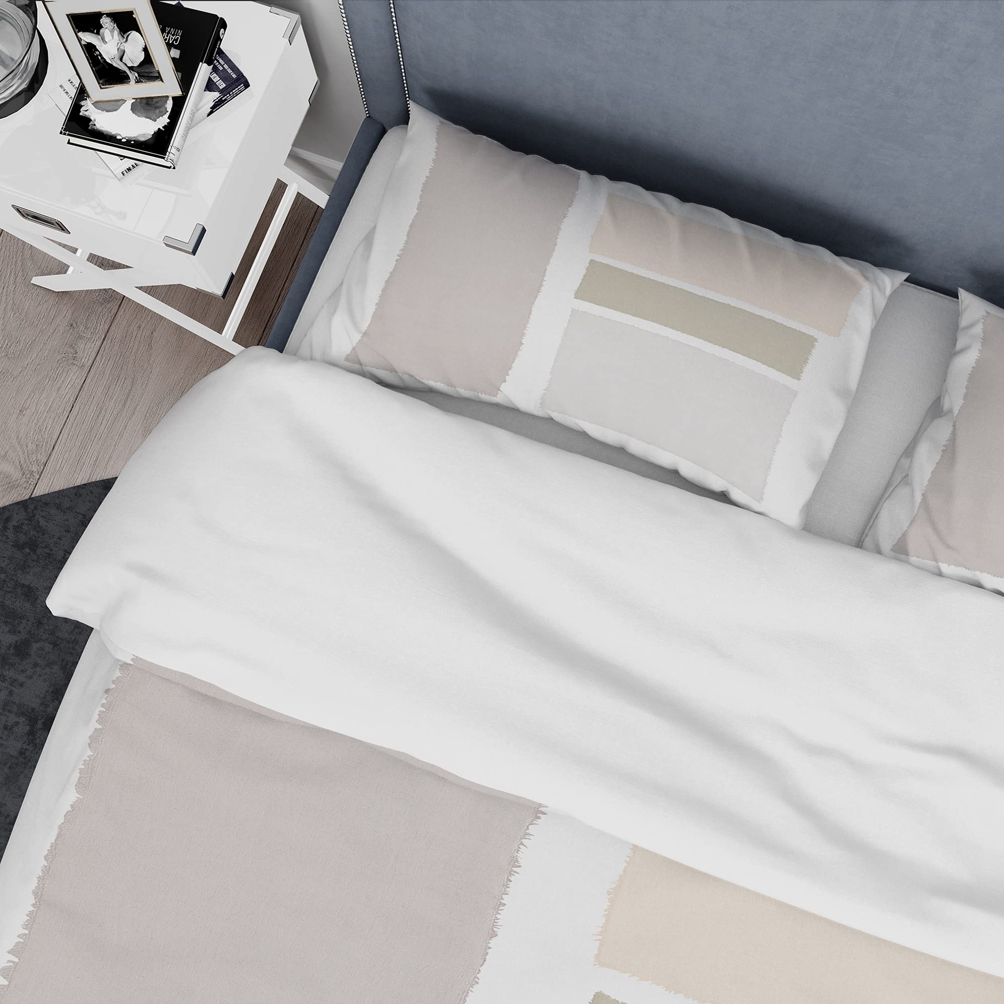 Beige Geometric Duvet Cover Set Queen Size - 3 Piece Modern Contemporary Bedding, Neutral White Simple Design for All Seasons | Perfect for Minimalist & Scandinavian Style Bedrooms