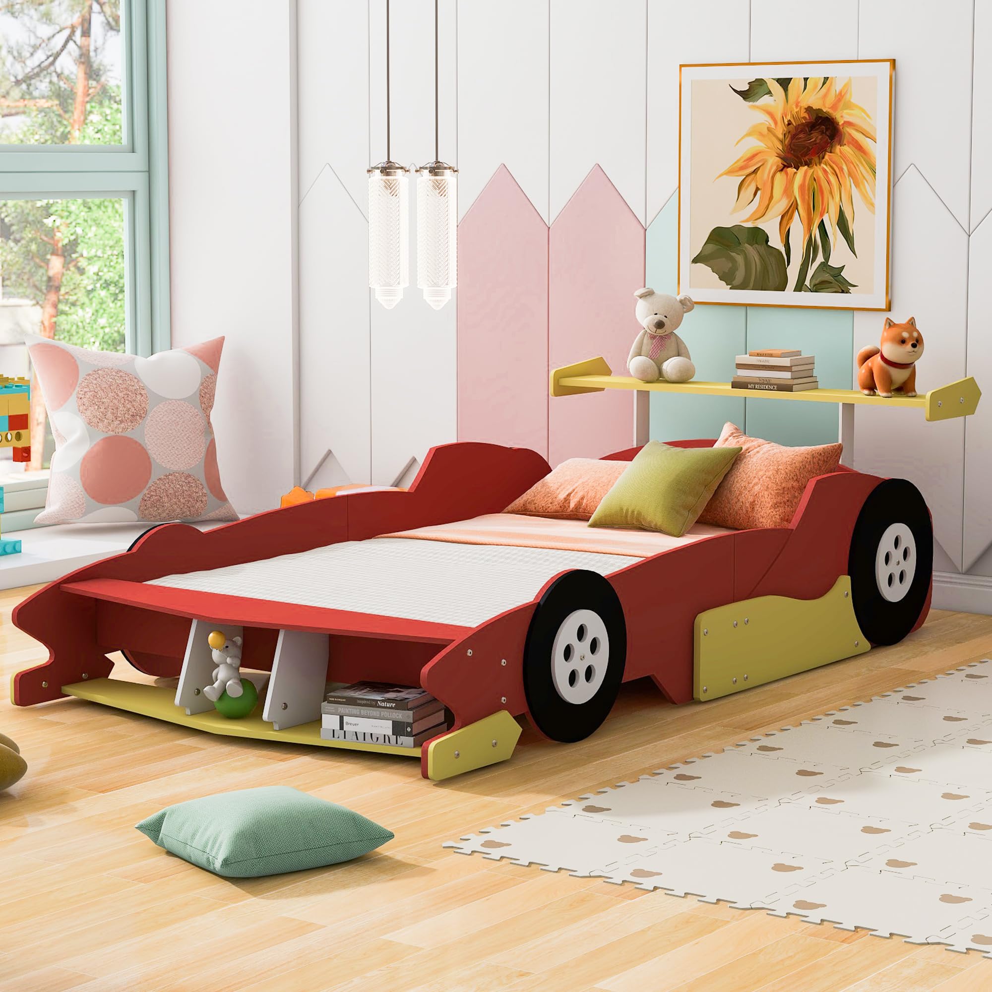 Bellemave Full Size Wooden Race Car Bed for Kids with Storage Shelves & Wheels - Fun Themed Platform Bed for Boys and Girls (Red, Full Size) - Perfect for Kids' Bedrooms, Playrooms & Themed Decor