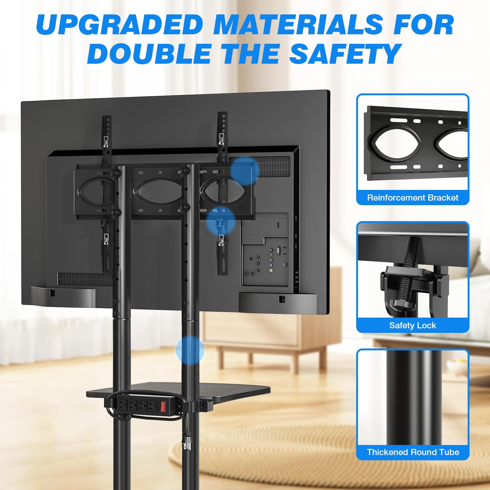 Rfiver Mobile TV Cart Rolling Stand with Power Outlet for 32-70 Inch Screens - Adjustable Height Portable TV Stand on Wheels for Home, Office & Outdoor Use - Heavy Duty TV Mount Stand with Shelf (Holds 88lbs) for Living Room, Bedroom & Patio Entertainment
