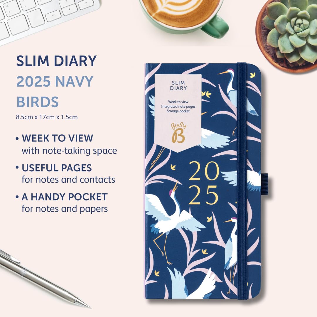 Busy B 2025 Slim Weekly Planner with Birds Cover - Compact Pocket Diary, Week-to-View Layout, Notes Pages & Storage Pocket - Handbag-Sized Organizer for Work, School & Personal Planning - Perfect for Daily Scheduling & Goal Tracking