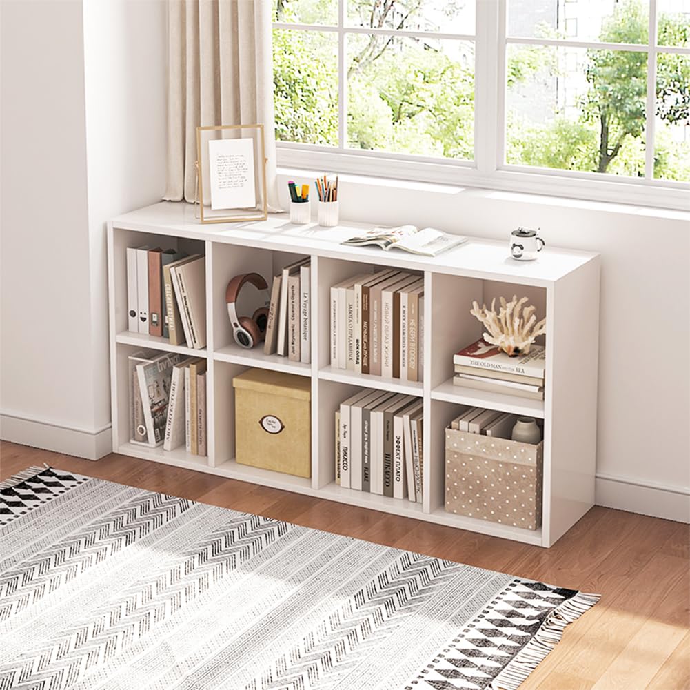 8 Cube Organizer Bookcase with Fabric Storage Bins - Open Shelf Bookcase with Simple Compartments for Home Office, Living Room & Bedroom Storage - White