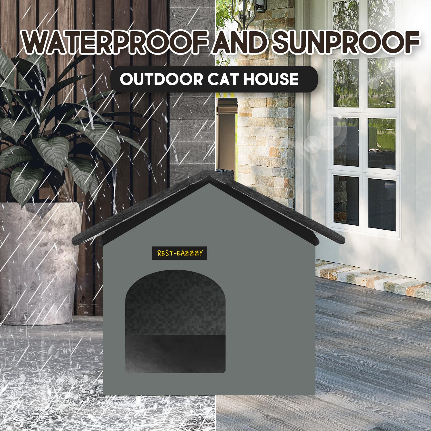 **Weatherproof Insulated Outdoor Cat House - Self-Warming Winter Shelter for Feral Cats with Mat & Clip, Easy Assembly (Grey, Waterproof, Size S) - Perfect for Backyards, Porches & Cold Weather Protection**