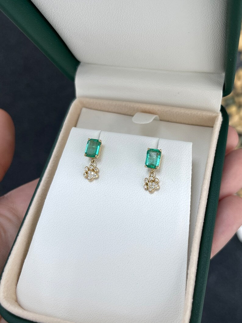 14K Gold Emerald & Diamond Dog Paw Print Stud Earrings - 2.36tcw, Perfect for Pet Lovers & Everyday Wear