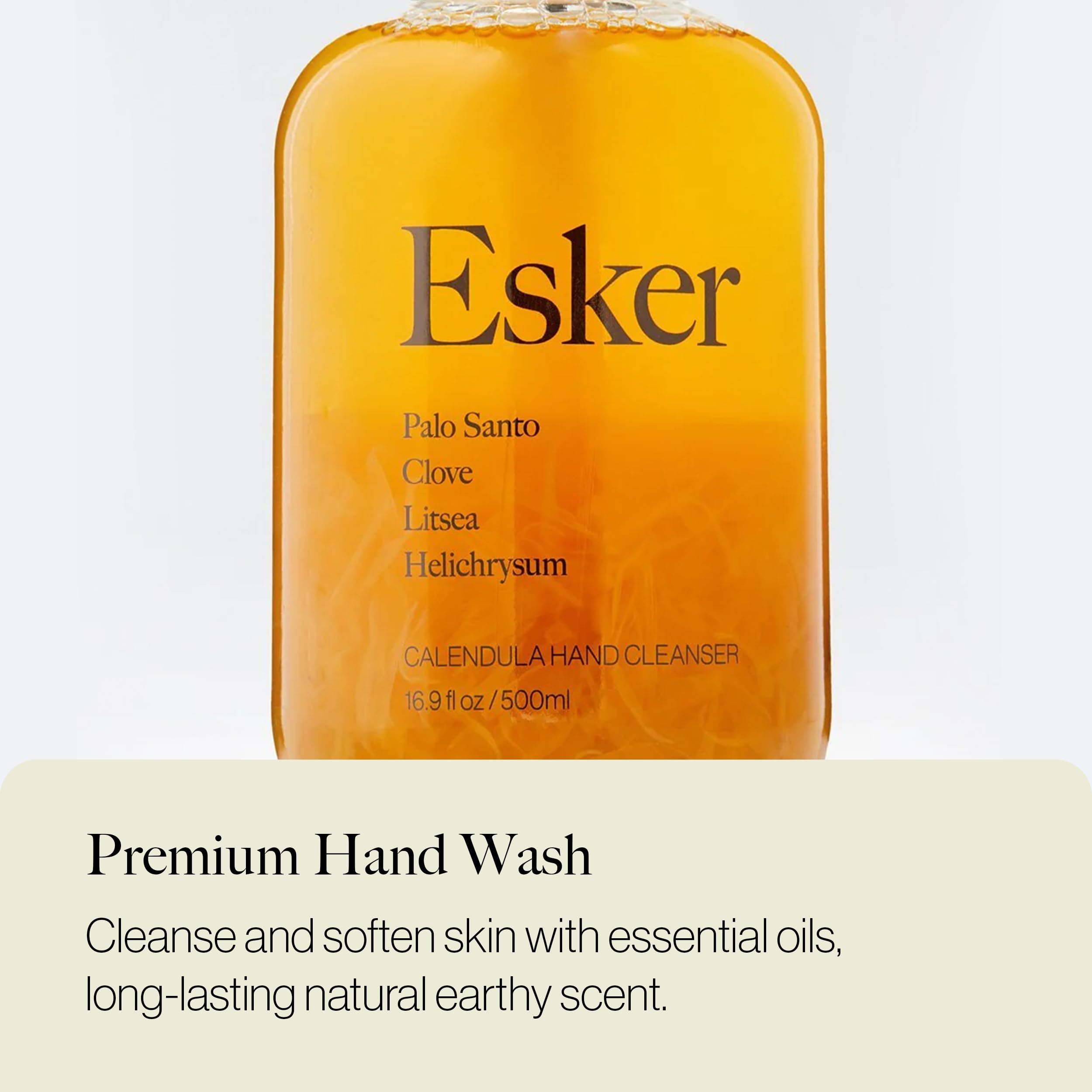 ESKER - Natural Calendula Hand Cleanser | Plant-Based, Cruelty-Free, Clean Beauty | 16.9 fl oz (500ml) Glass Bottle | Gentle Hand Wash for Dry Skin, Sensitive Skin & Everyday Use