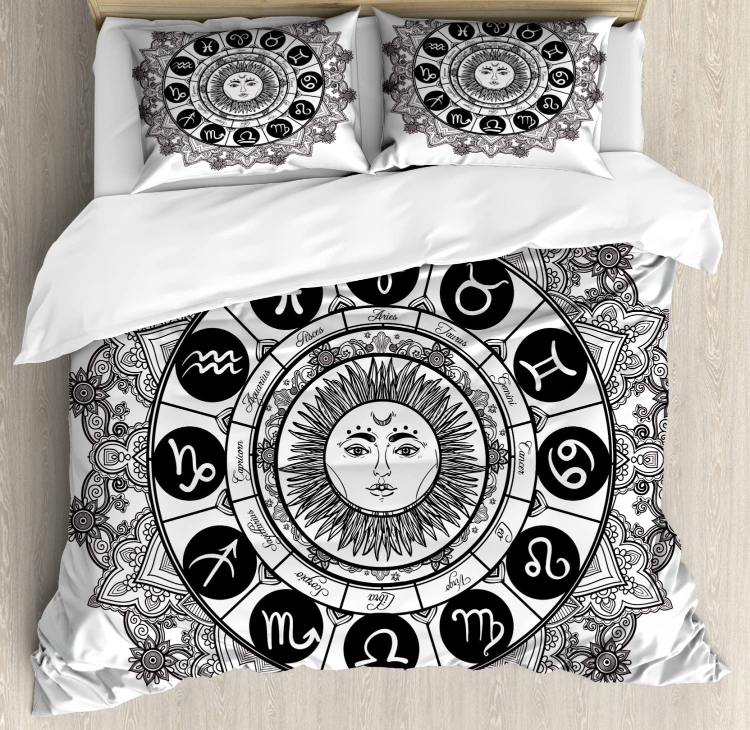 Ambesonne Zodiac Duvet Cover Set - Twin Size 2-Piece Mandala Astrology Bedding with Sun Design (Black & Grey) for Teen & Adult Bedrooms, Dorm Room Decor