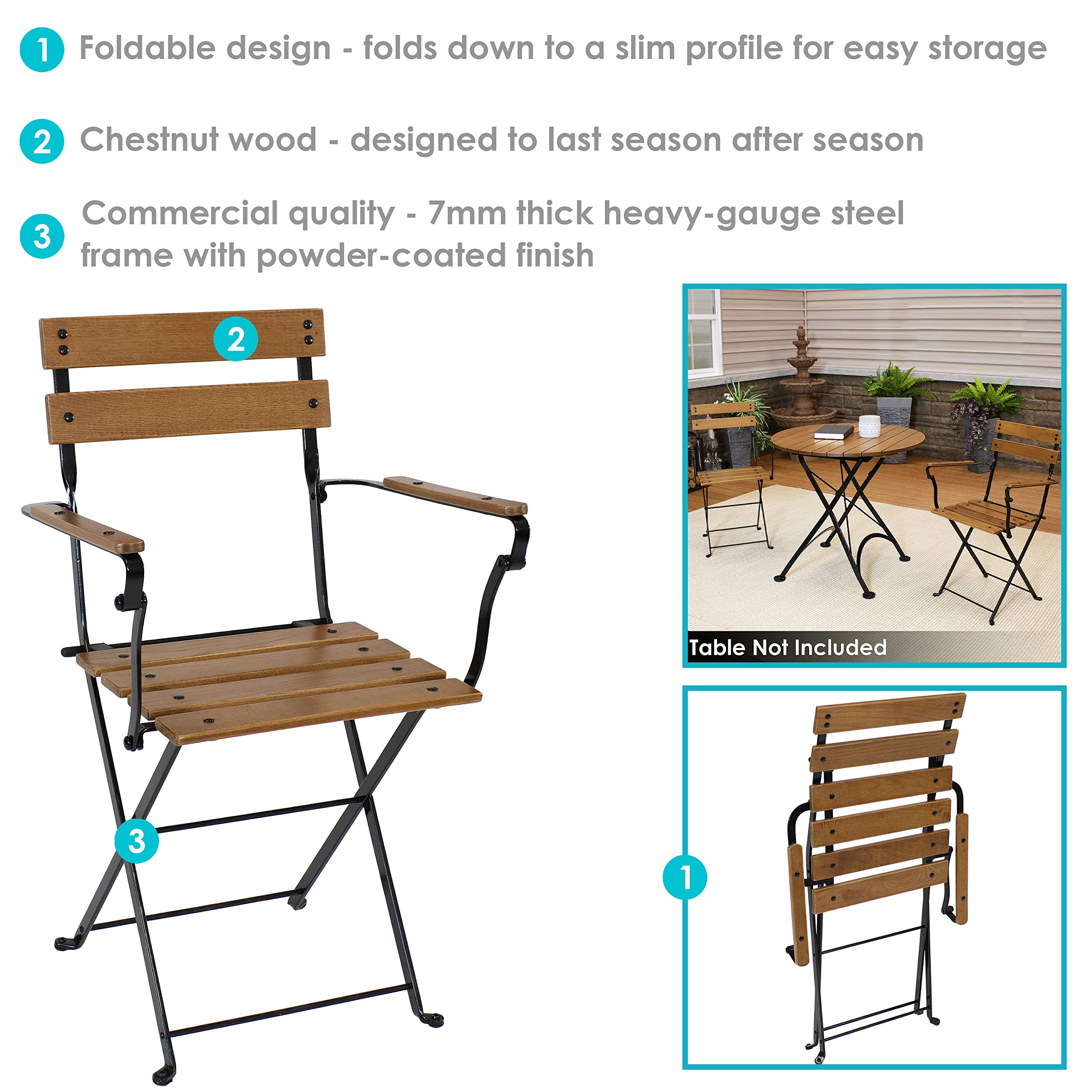 Sunnydaze European Chestnut Folding Dining Armchair Set of 4 - Heavy Duty Commercial Grade Indoor Outdoor Patio Furniture - Brown Wooden Chairs for Restaurant, Cafe, Garden & Home Dining