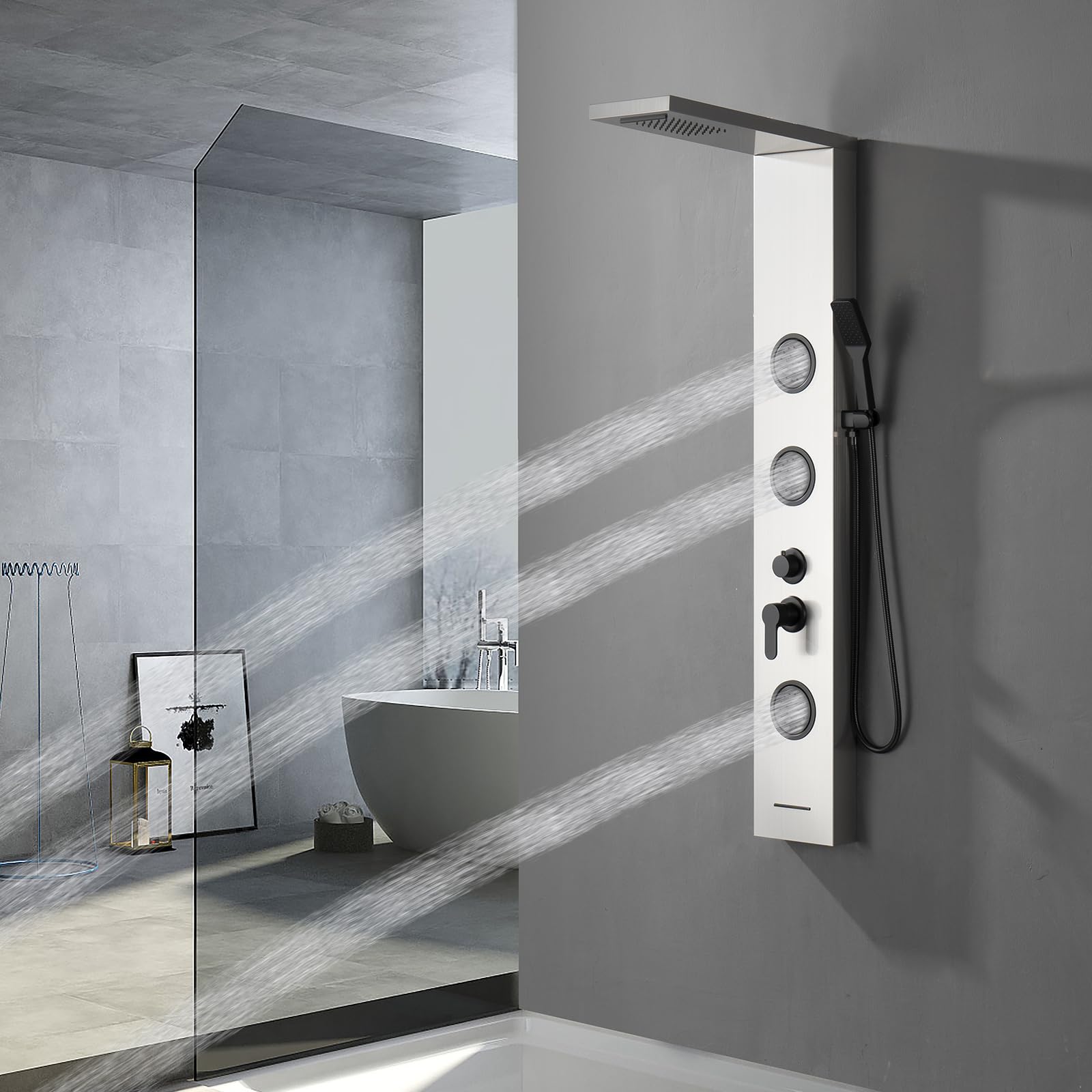 Premium Stainless Steel Shower Panel Tower System with Rainfall Shower Head, 3 Body Jets, Handheld Shower Wand & Tub Spout - Multi-Function Brushed Nickel Shower Tower for Luxury Bathroom Spa Experience