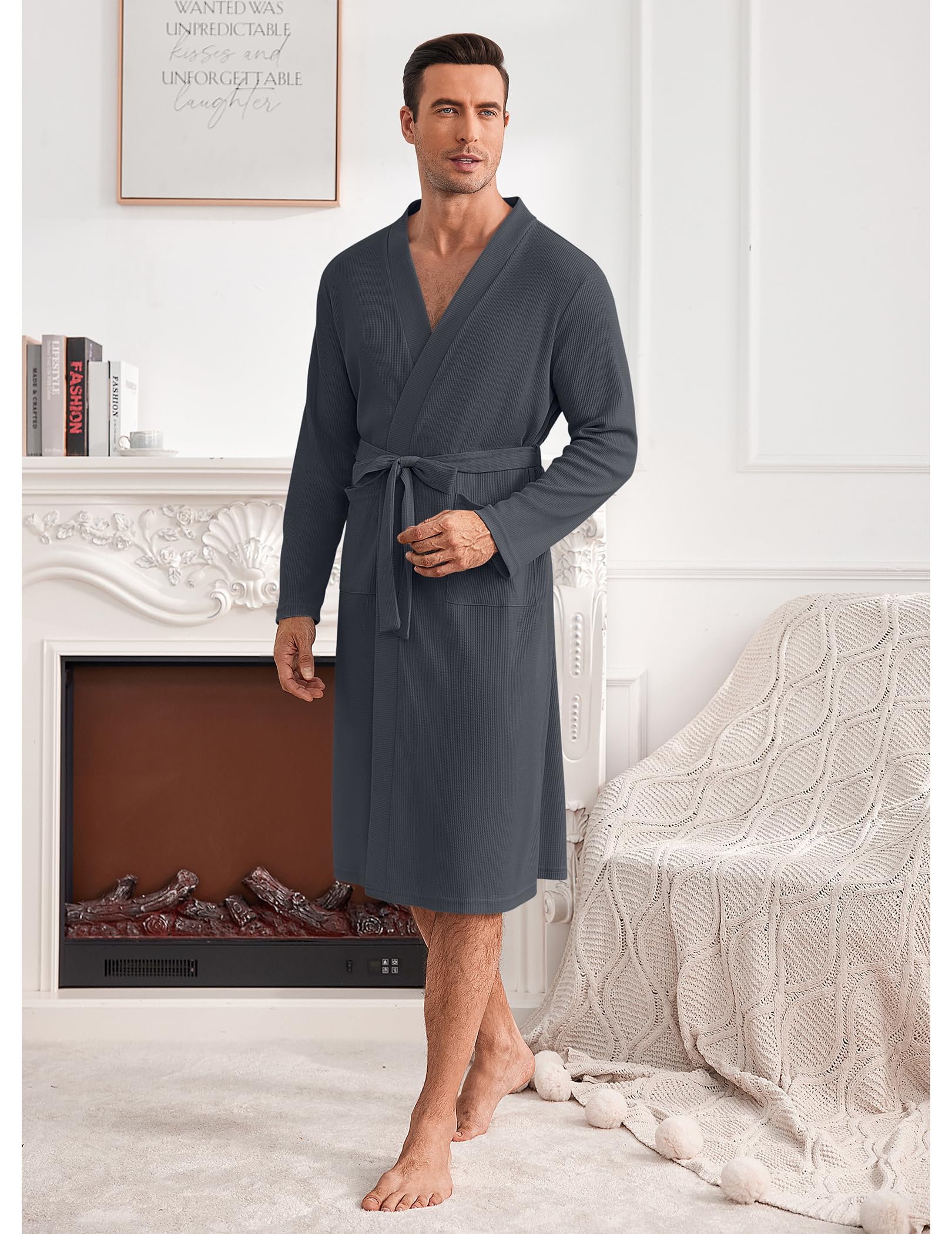 Ekouaer Men's Lightweight Waffle Knit Bathrobe - Soft Kimono Spa Robe with Pockets, V-Neck Long Sleeve Sleepwear for Shower, Lounge & Relaxation at Home