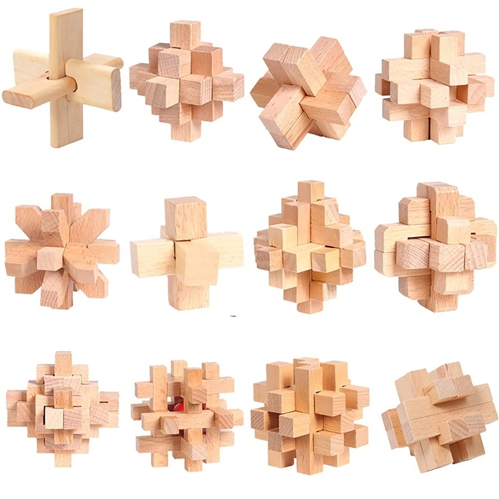 3D Stress Relief Wooden Puzzle Toy - Luban Lock & Kongming Lock Brain Teaser - Interlocking Building Blocks for Kids & Adults - Jumu Beech Colorful 12pcs - Perfect for Office Desk, Classroom, Travel & Anxiety Relief