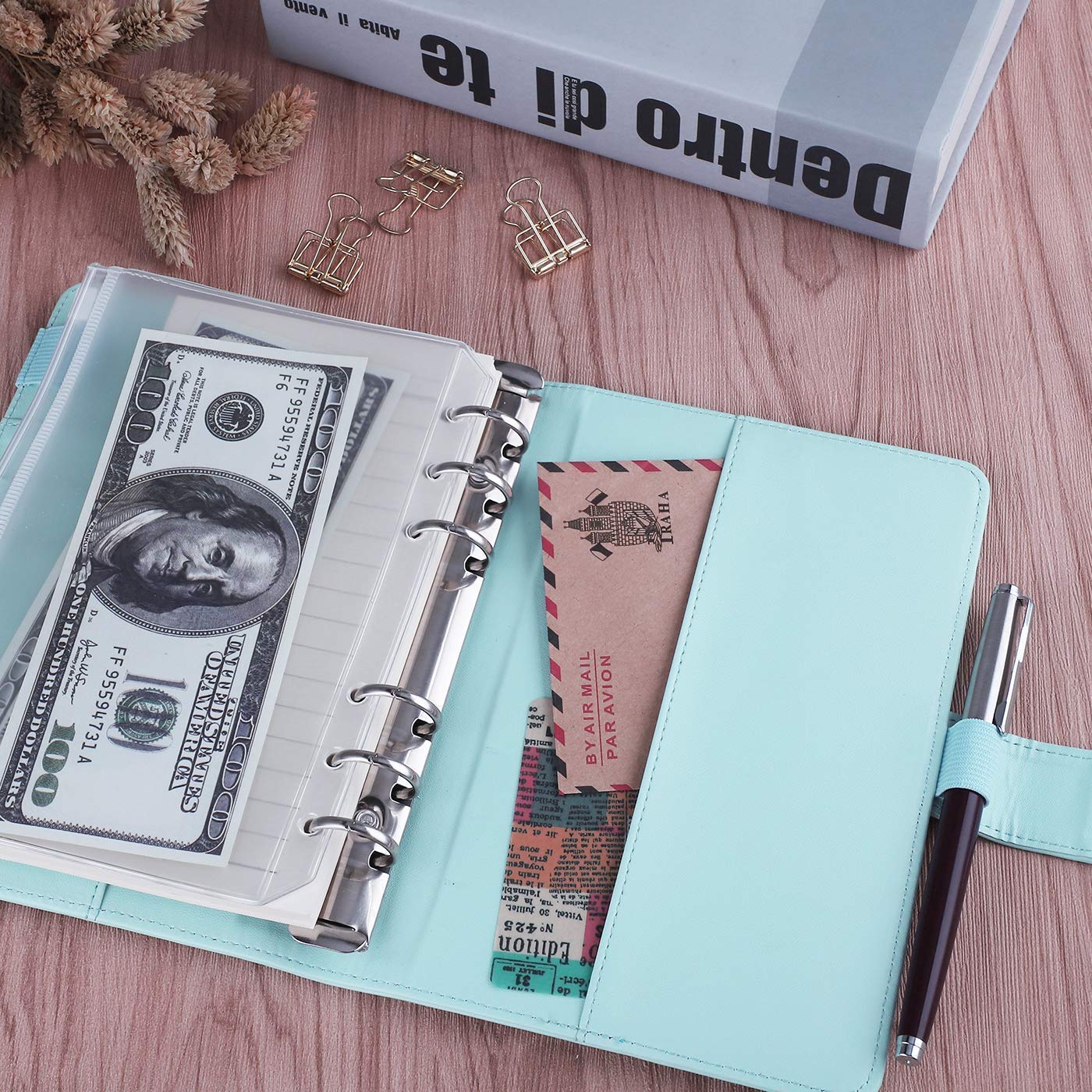 Antner A6 PU Leather Notebook Binder (Mint Blue) with 3-Pack Refill Paper, 160 Neon Page Markers & Dividers - Perfect for School, Office & Planner Organization