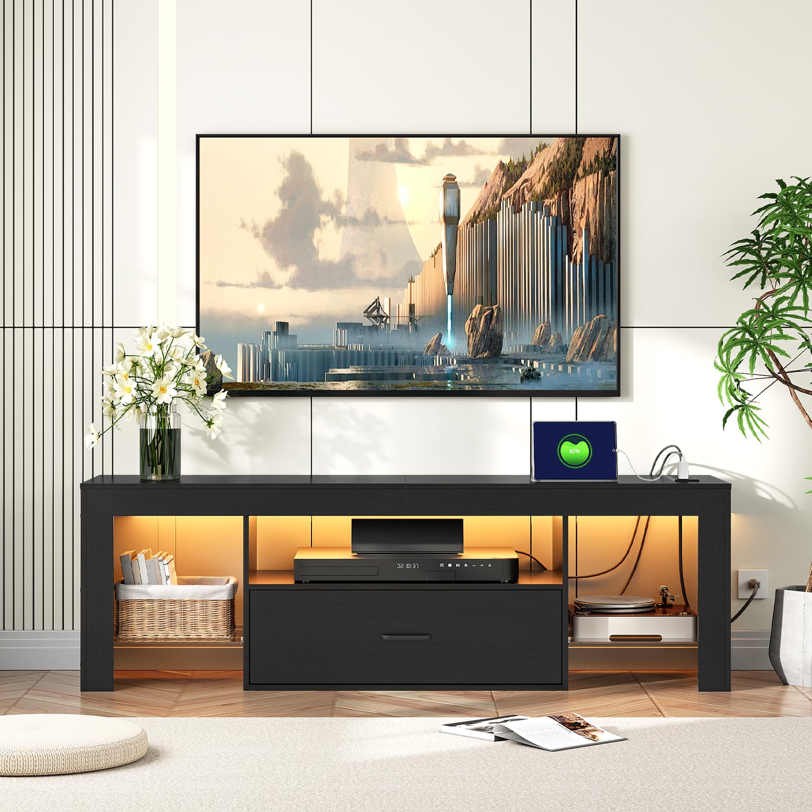 HOOBRO 65 inch LED TV Stand with Power Outlets, Modern Gaming Entertainment Center with Glass Shelves & Large Storage Drawer - Media Console Table for Living Room, Bedroom (Black BB14UDDS01G1) | Perfect for Home Theater Setup & Gaming Stations