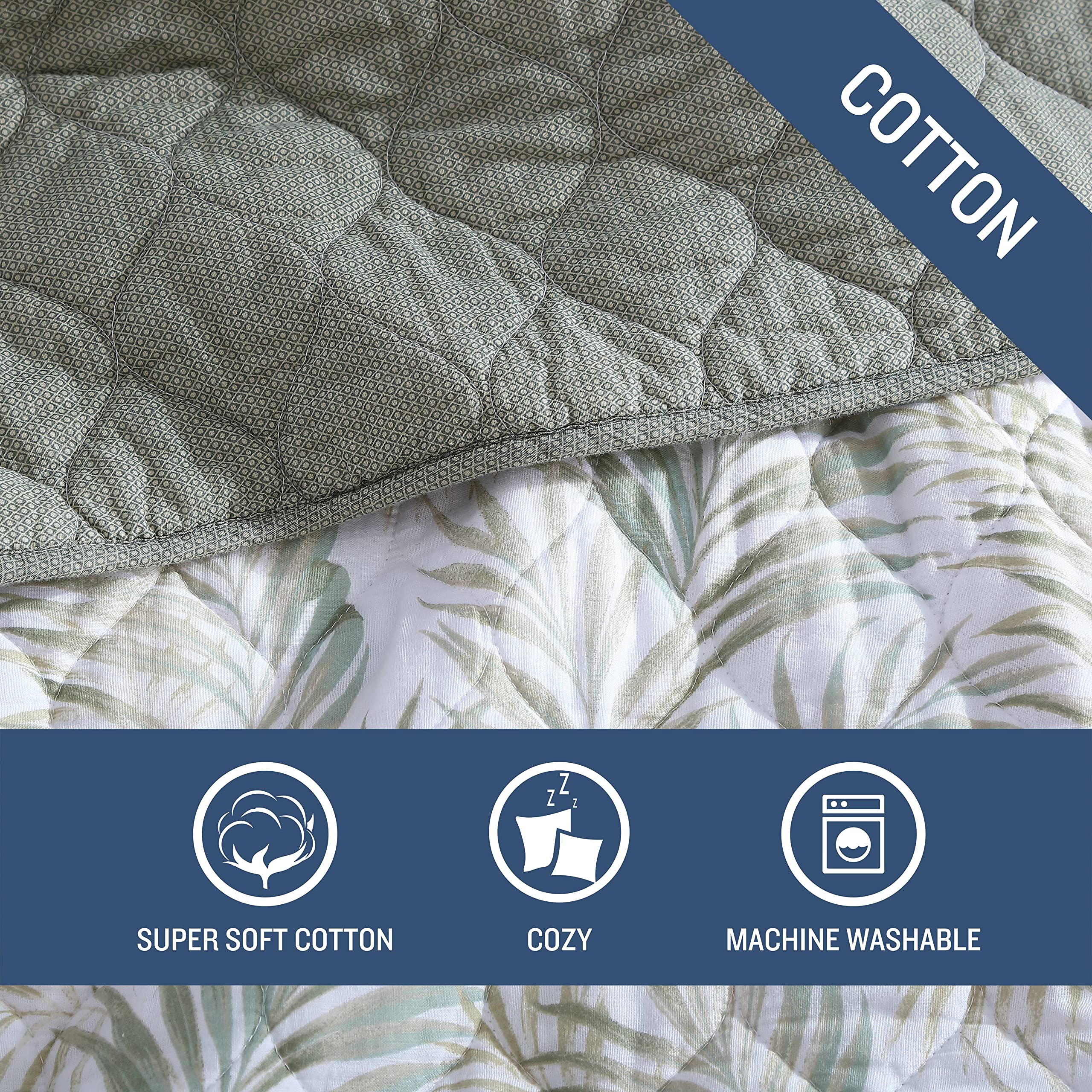 Tommy Bahama King Size Reversible Cotton Quilt Set with Matching Shams - Soft Coastal Bedspread in Maui Palm Green | Super Soft Bedding for Beach House, Guest Room & Master Bedroom Decor